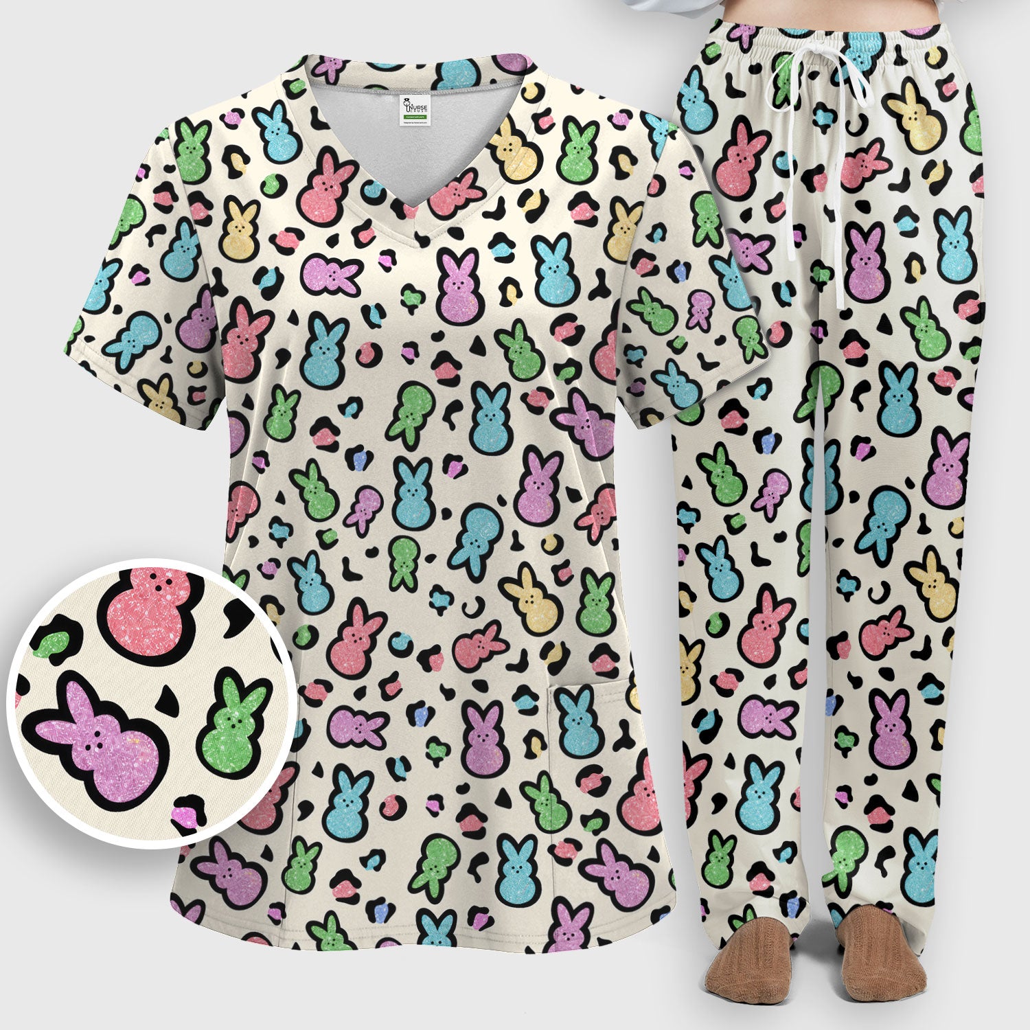 Cute Easter Bunny Pastel Pattern Scrub Set, Scrub Pants and V Neck Top