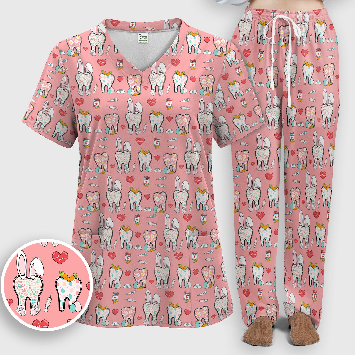 Playful Bunny Dentist Illustration Medical Set, Scrub Pants and V Neck Top
