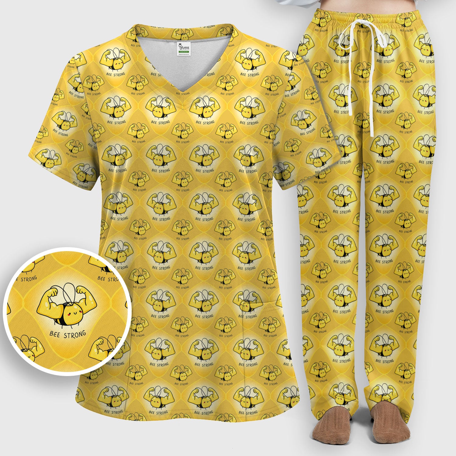 Bee Strong Honey Bee Pattern Scrub Set, Scrub Pants and V Neck Top