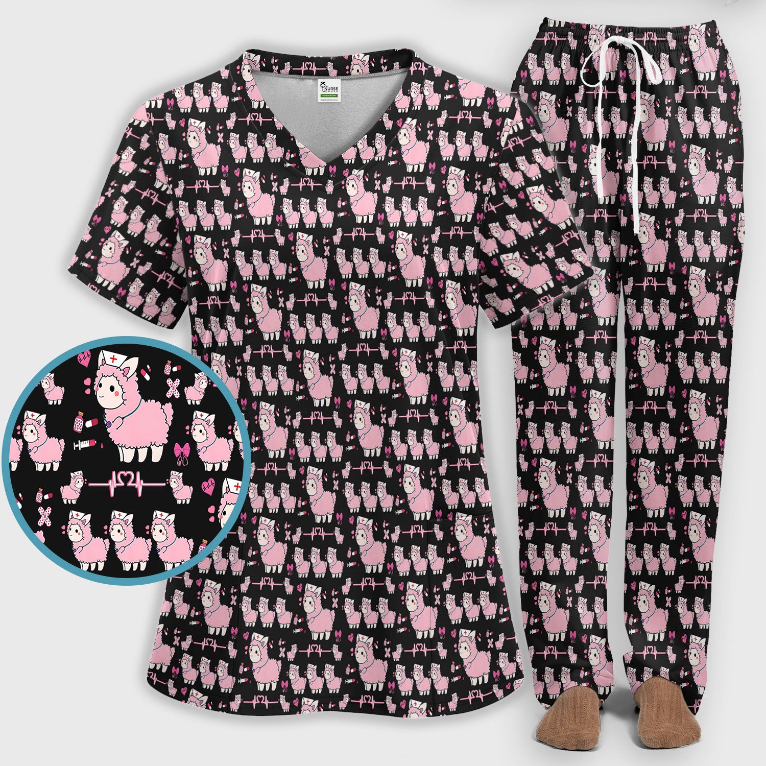 Llama Ain't Got Time For Your Drama Scrub Set, Funny Pattern Scrub Shirt, Breathable Fabrics Nursing Uniform