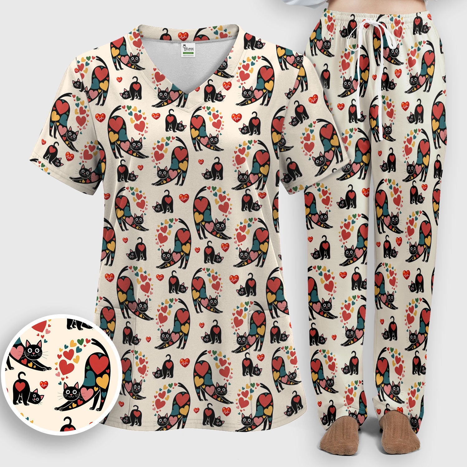 Playful Cat Valentine Heart Print Medical Scrub Set, Breathable Med Uniform