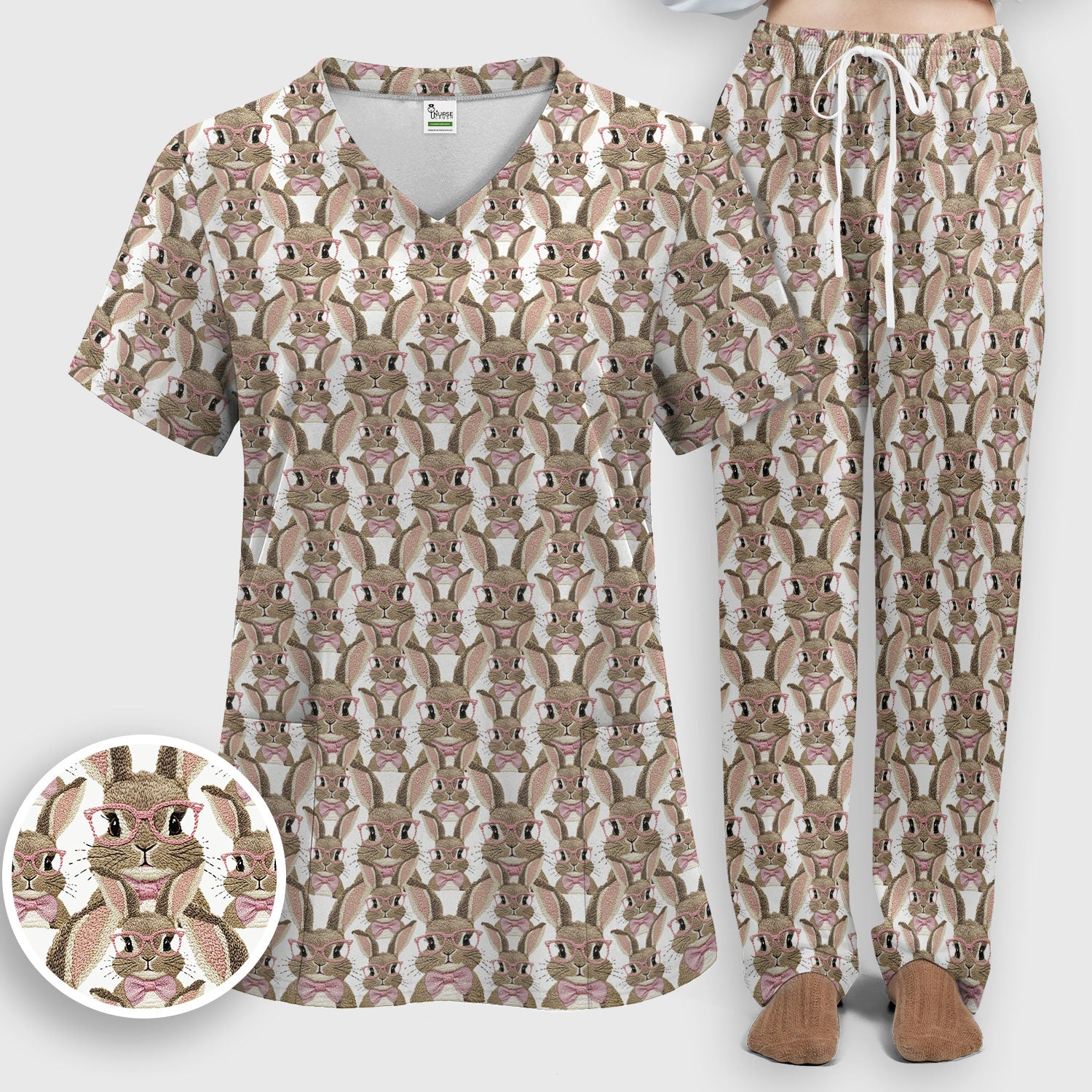 Cute Bunny With Glasses Pattern Scrub Set, Scrub Pants and V Neck Top