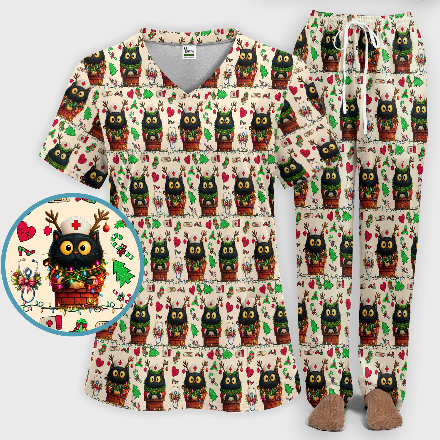 Funny Black Cat Scrub Set for Nurse - Cute Reindeer Cat with Christmas Lights - Festive Holiday Medical Uniform - Kitten Lover Gift