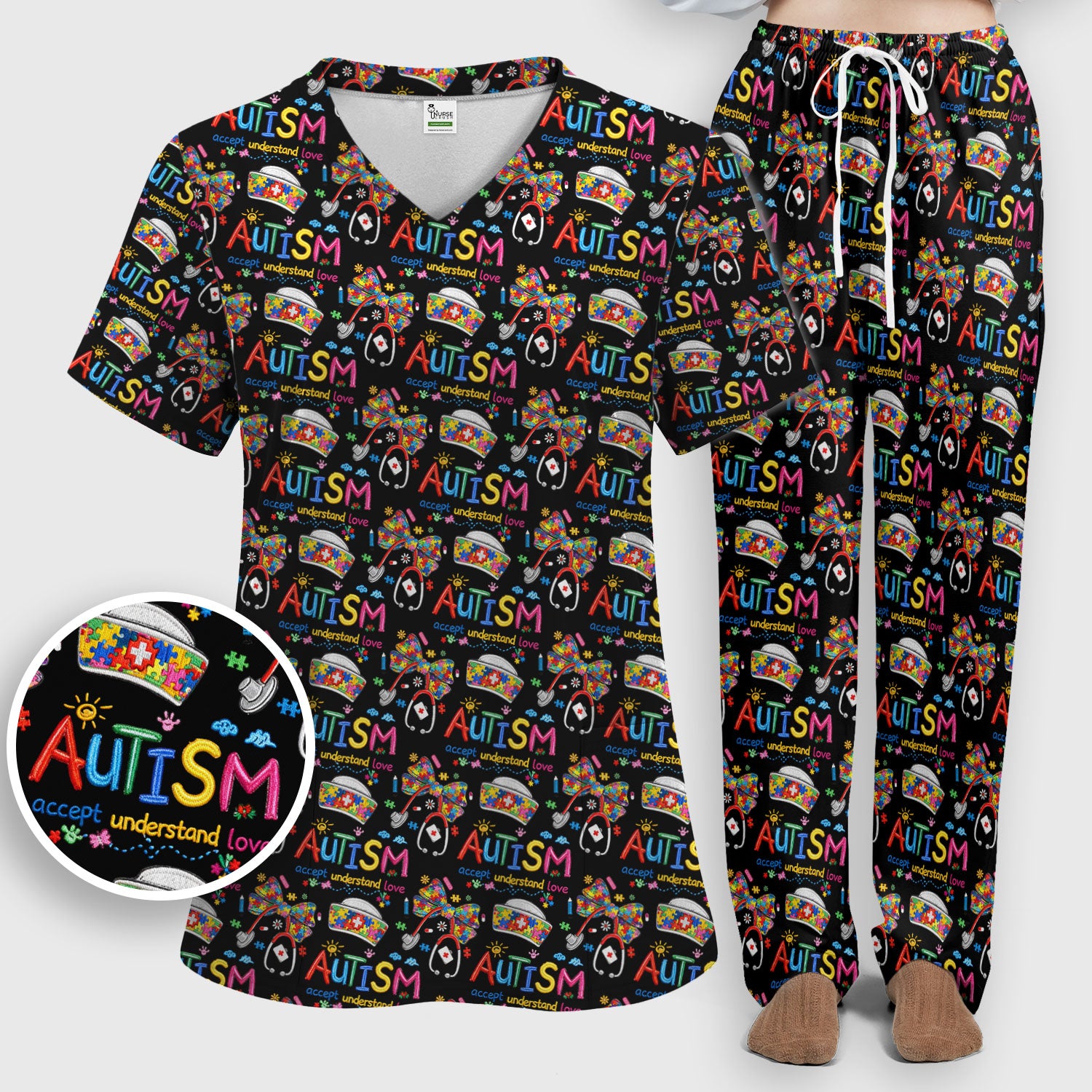 Autism Awareness Pattern Nurse Scrub Set, Accept Understand Love Puzzle Nurses Shirt, Breathable Fabrics Nursing Uniform