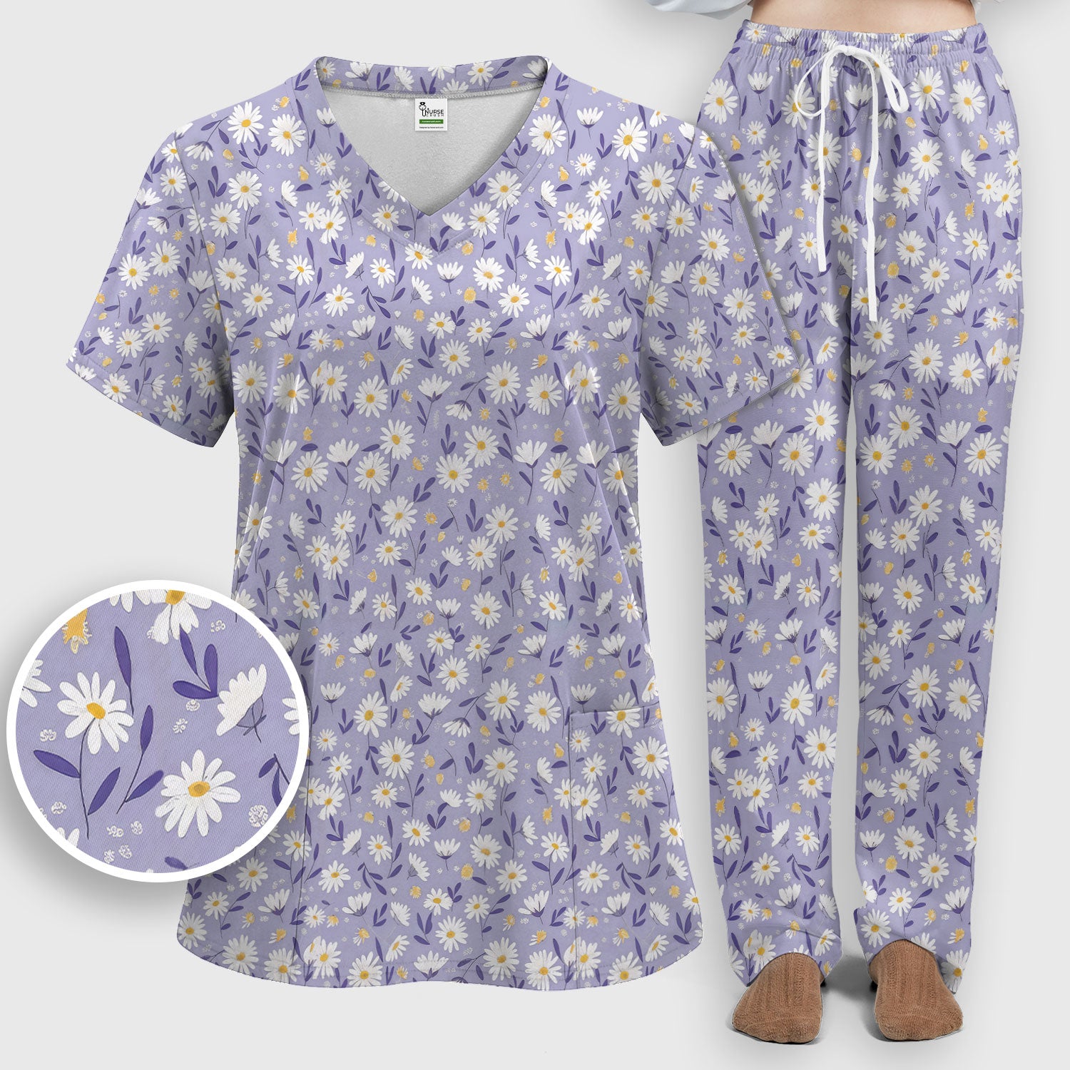 Cute Purple Daisy Botanical Print Scrub Set, Scrub Pants and V Neck Top