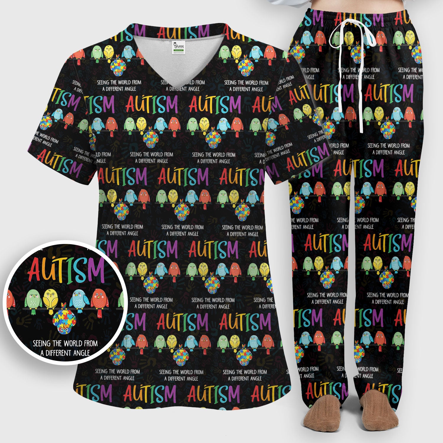 Autism Seeing The World From A Different Angle Birds Scrub Set, Breathable Med Uniform