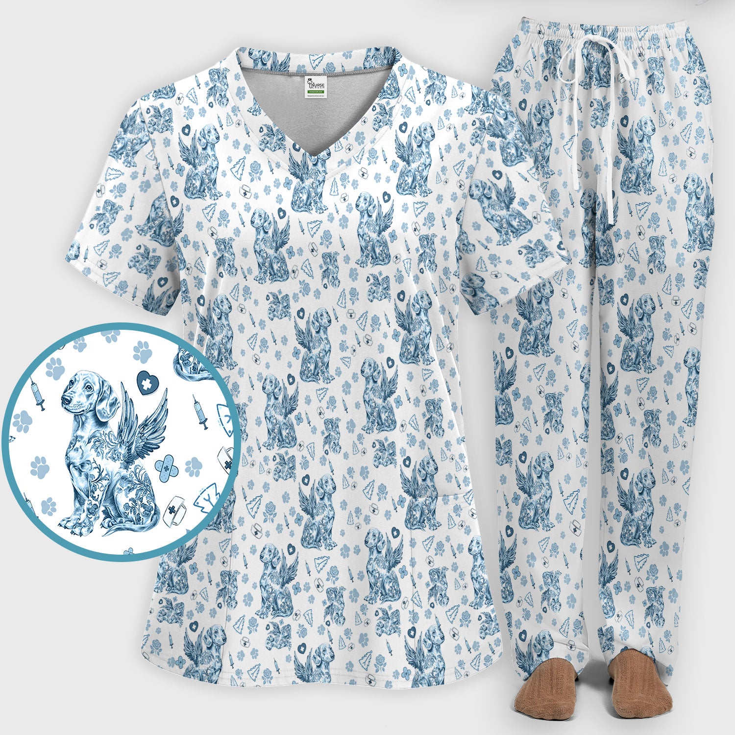 Toile de Jouy Dachshund Angel Scrub Set - Blue Vintage Wiener Dog Scrubs Pants and V Neck Top - Memorial Puppy Gift