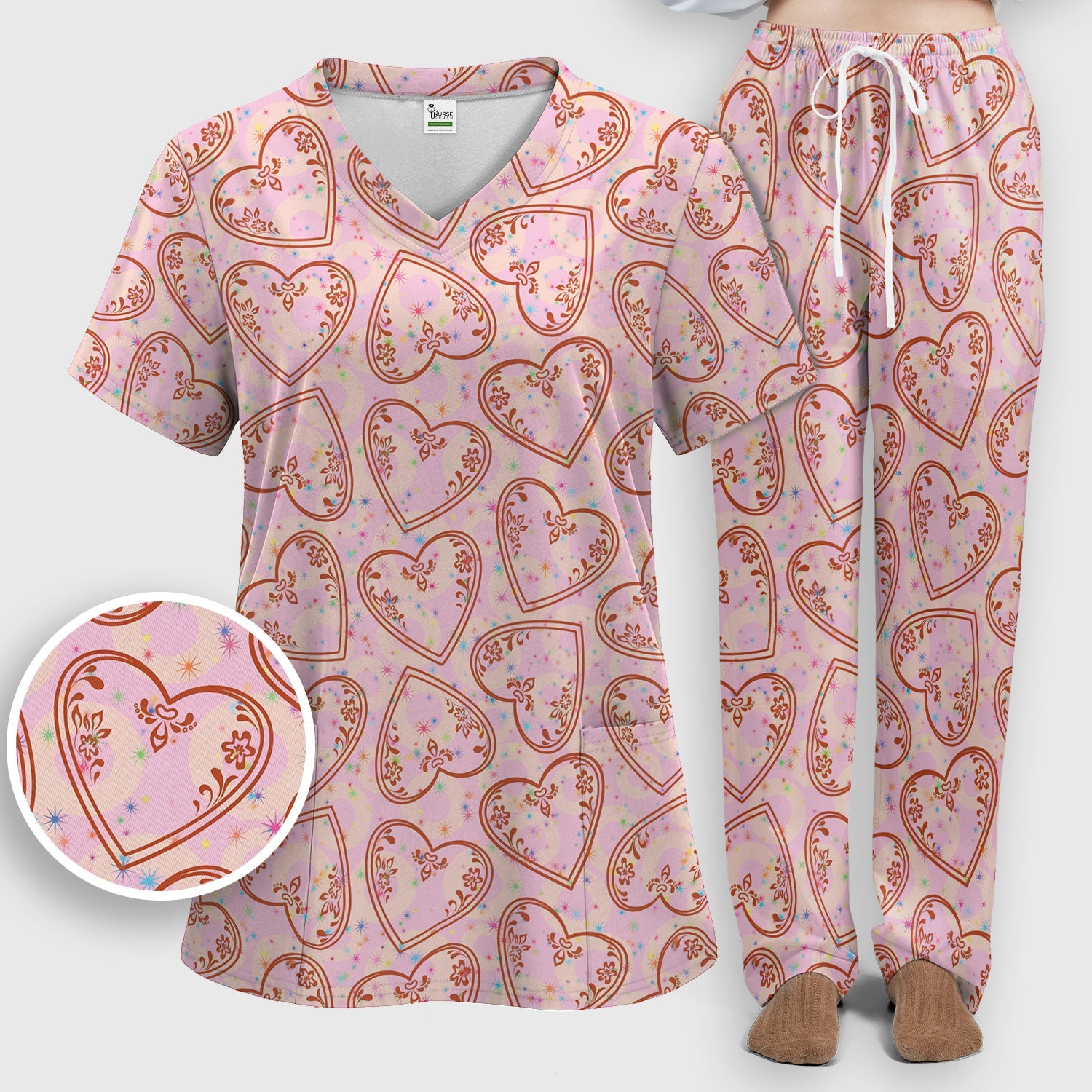 Valentine Heart Scrub Set For Women, Hearts Pattern Nurse Shirt, Comfortable Scrubs For Nursing