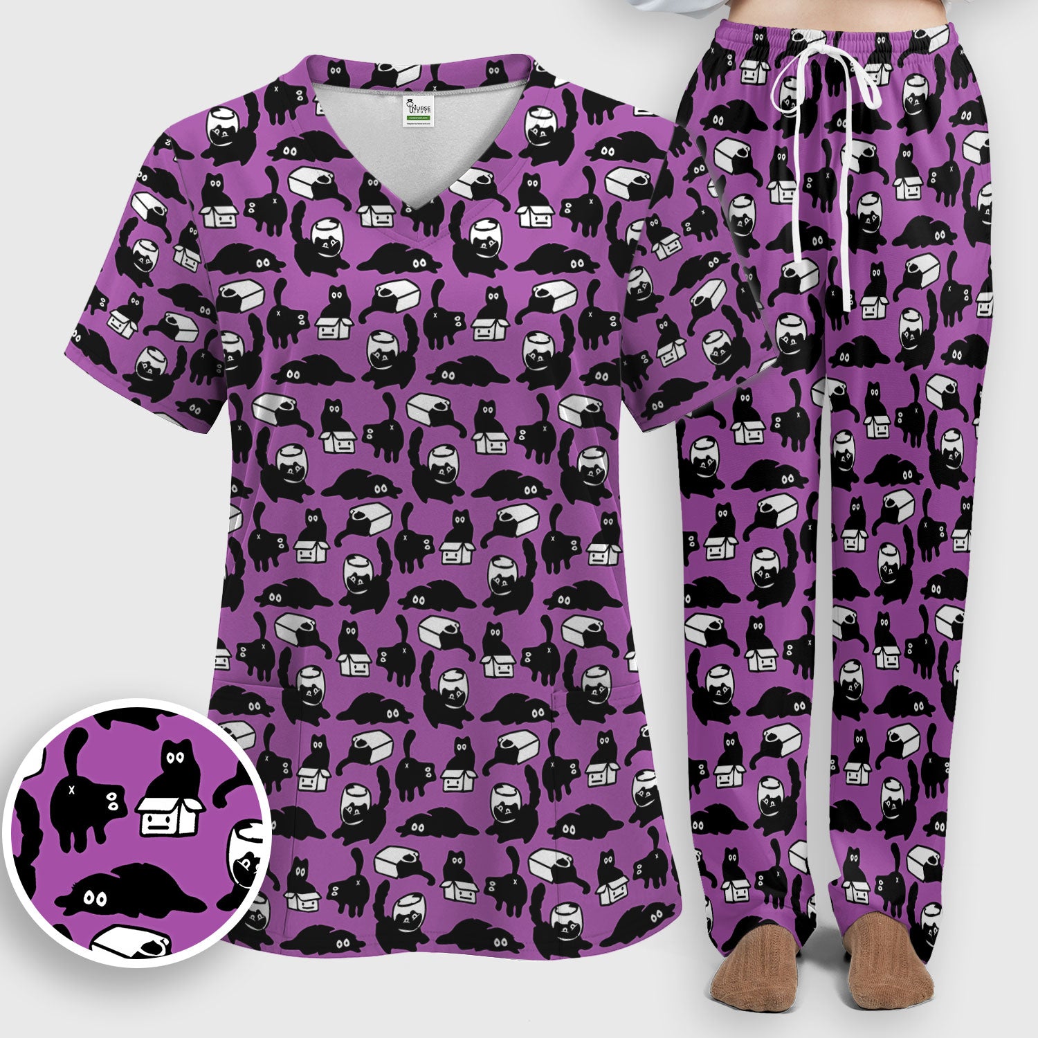 Dark Playful Cat Cartoon Pattern Scrub Set, Breathable Med Uniform