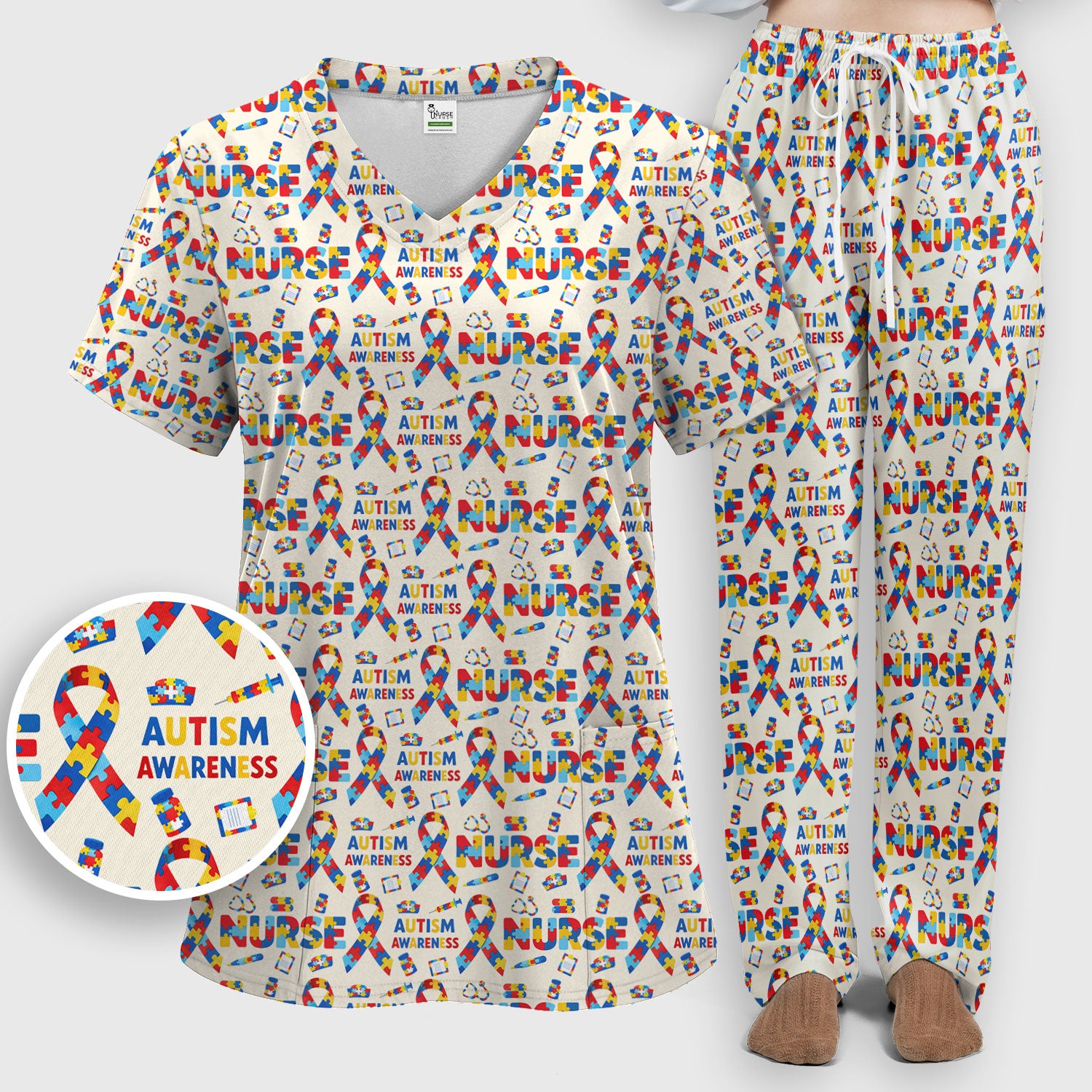 Autism Awareness Nurse Puzzle Ribbon Print Sets,  Breathable Med Uniform
