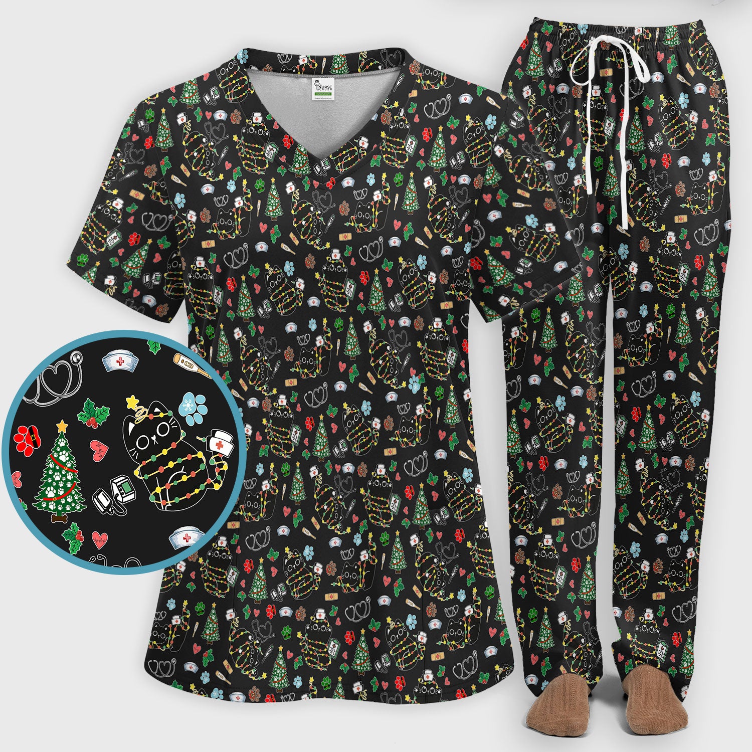 Funny Black Cat Christmas Scrub Set – Cute Holiday Kitty Pattern – Festive Medical Uniform for Nurses, Vets, and Cat Lovers