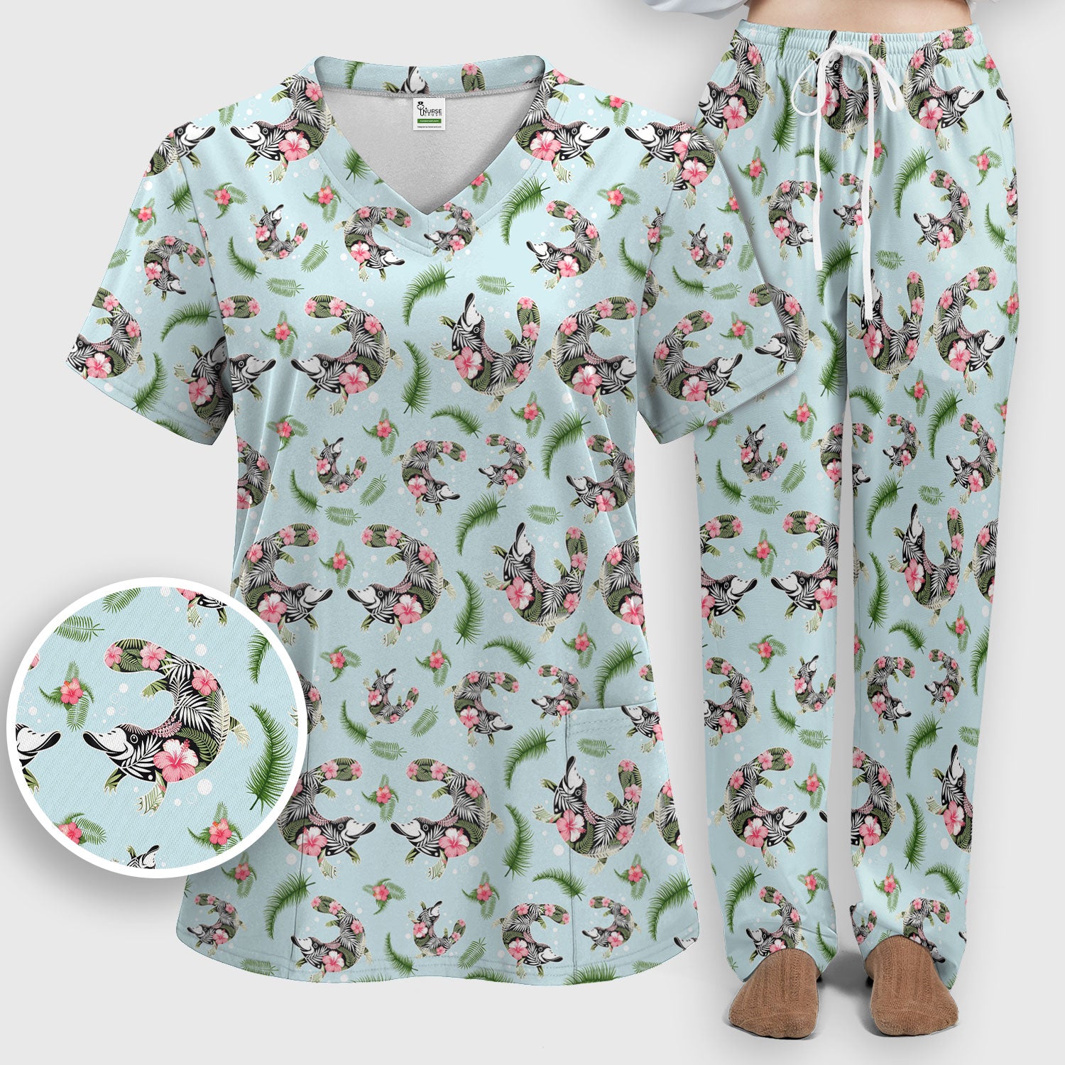 Cute Platypus Scrub Set, Tropical Floral Animal Pattern Nurse Shirt, Breathable Fabrics Nursing Uniform