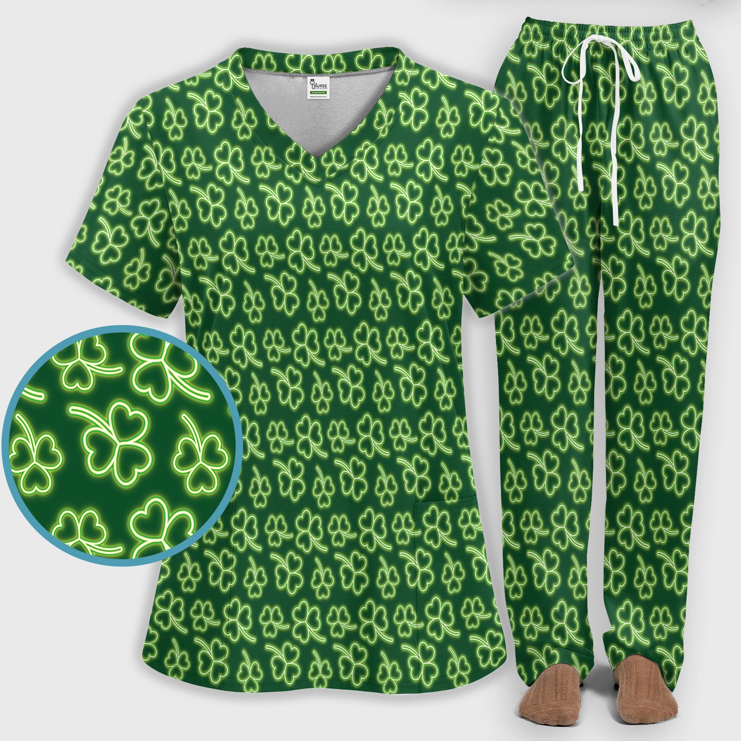 Neon Shamrock Nurse Scrub Set, St. Patrick’s Day Glow Green Pattern Pattern Shirt,  Breathable Fabrics Nursing Uniform