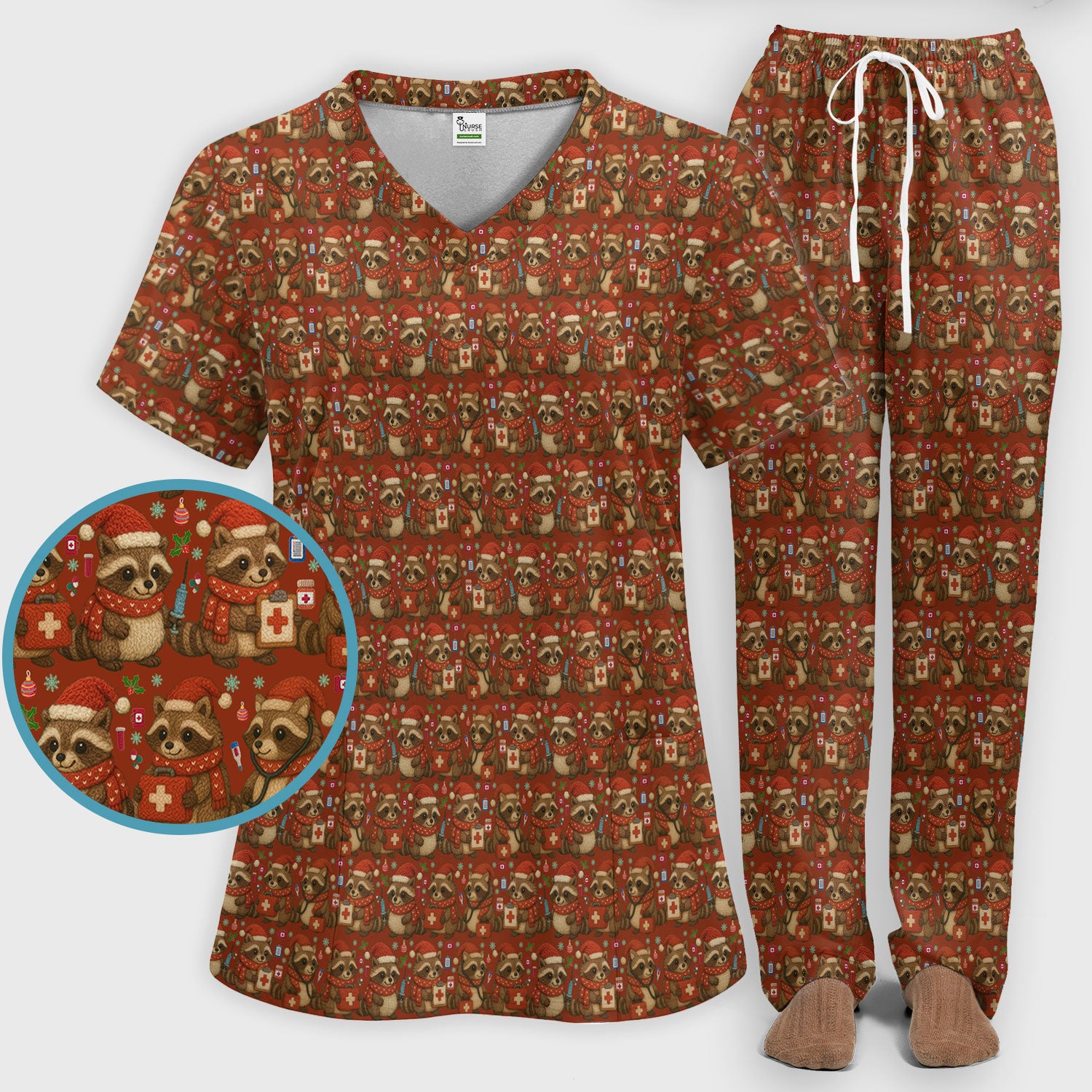 Christmas Scrub Set – Nurse Raccoon Pattern Shirt – Cute Medical Uniform For Nursing