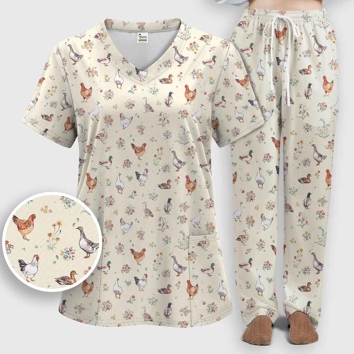 Farm Chicken Duck Floral Pattern Scrubs Sets, Scrub Pants and V Neck Top