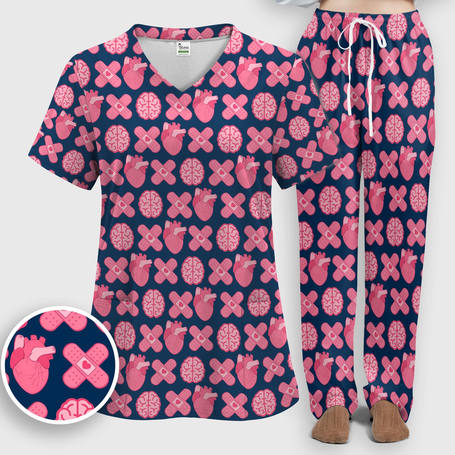 Heart & Brain Medical Icon Pattern Scrub Set, Scrub Pants and V Neck Top