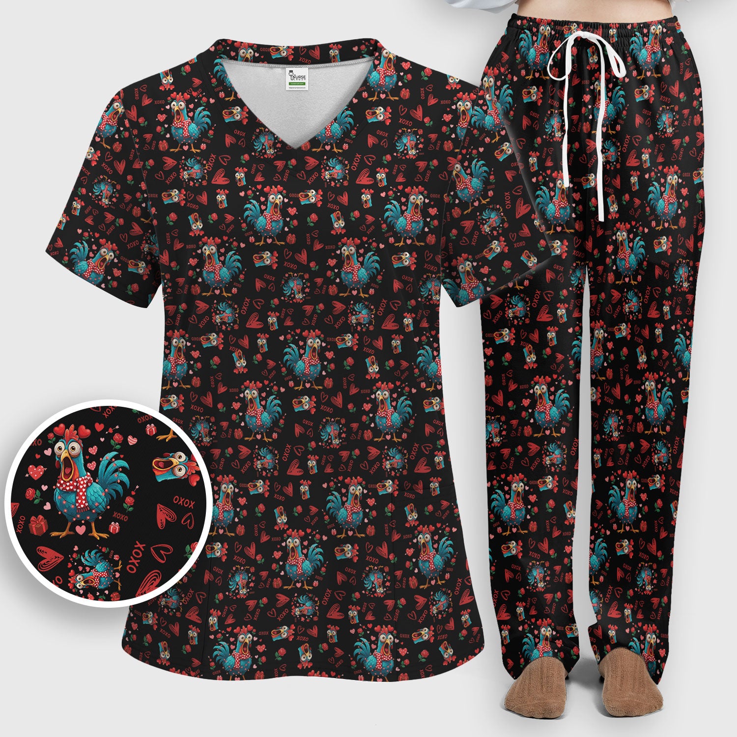 Funny Rooster Valentine Scrub Set, Cute Chicken XOXO Heart Pattern Nurse Shirt, Breathable Fabrics Nursing Uniform