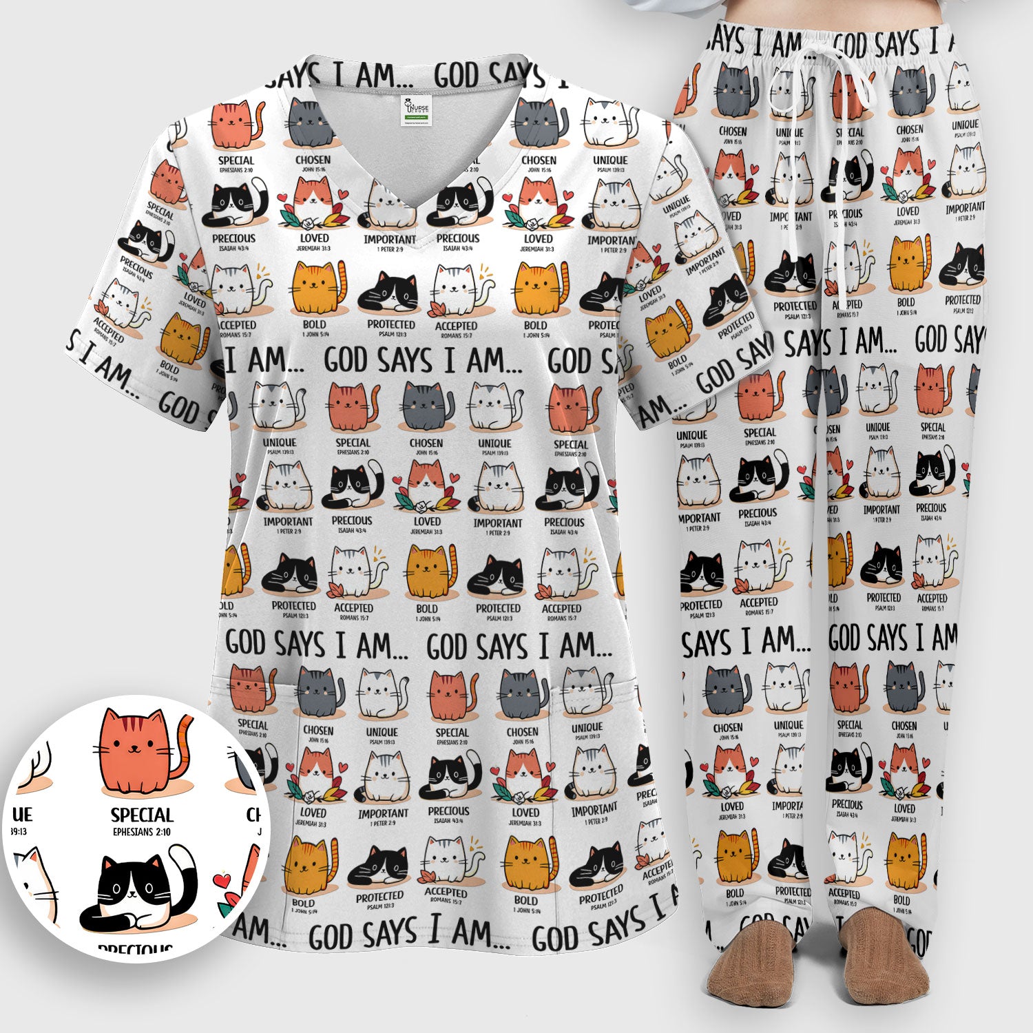 Cute Christian Cat God Says I Am Women's Scrub Set, Breathable Med Uniform