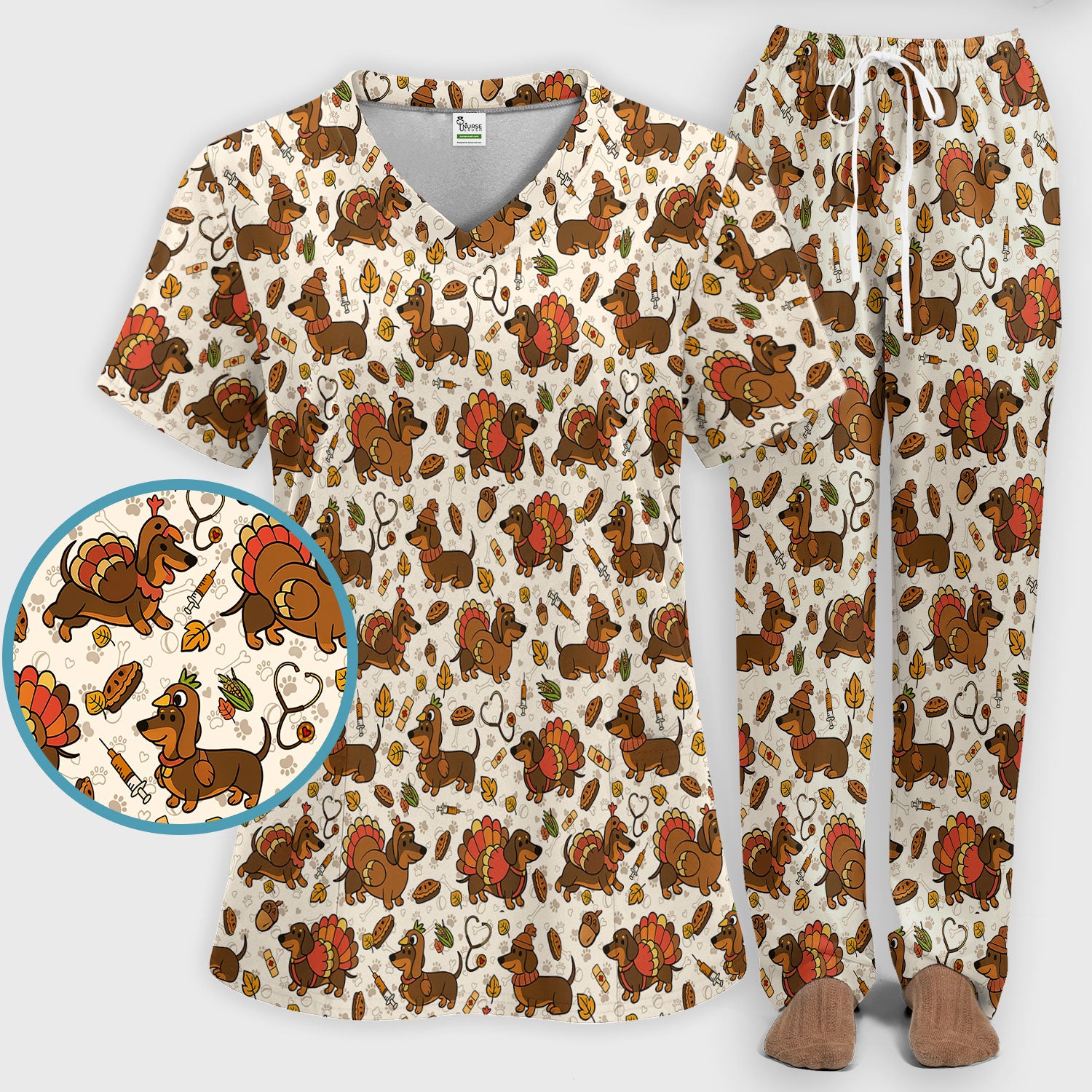 Thanksgiving Wiener Dog Scrub Set - Funny Dachshund Turkey Scrubs Pants and V Neck Top - Fall Winter Gift for Women