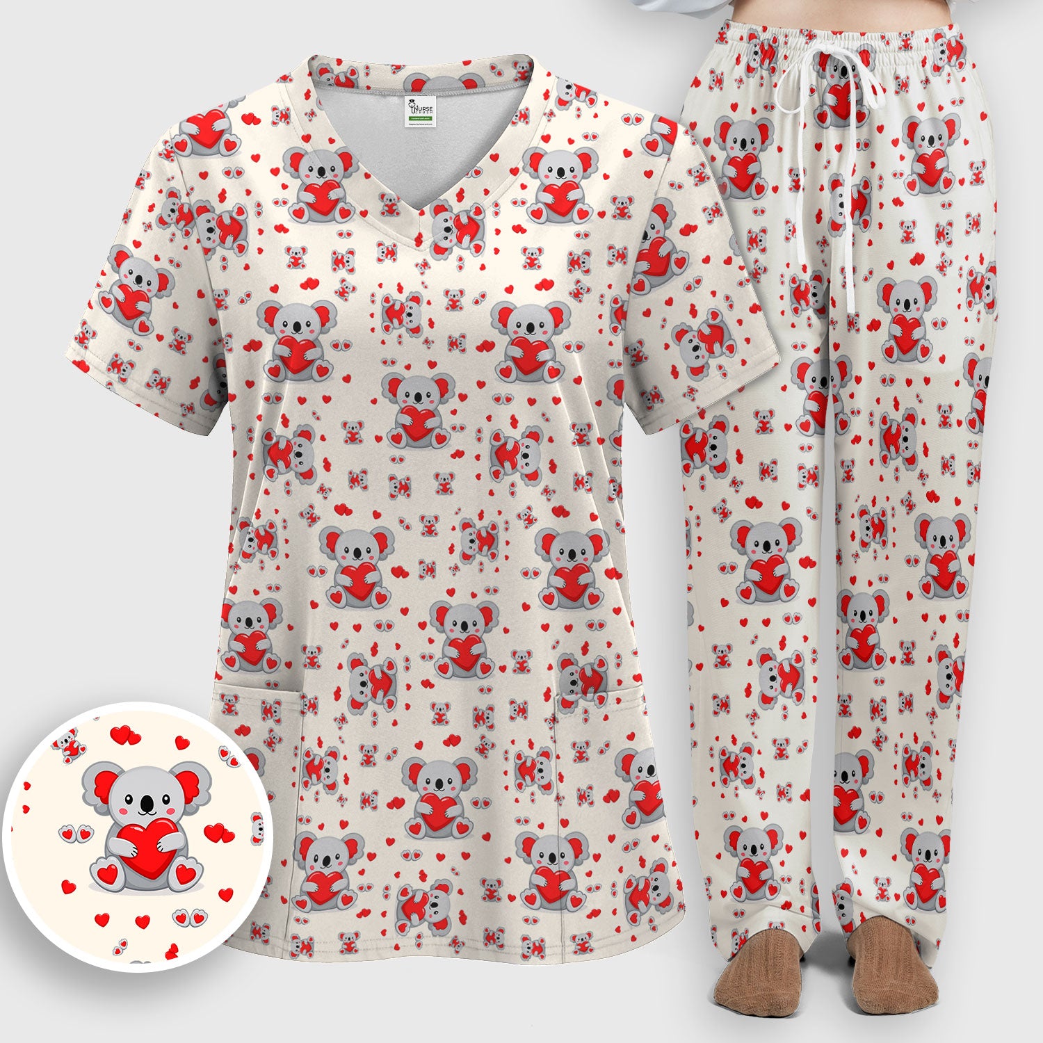 Valentine Cute Koala Heart Pattern Medical Outfit, Women's Scrub Sets