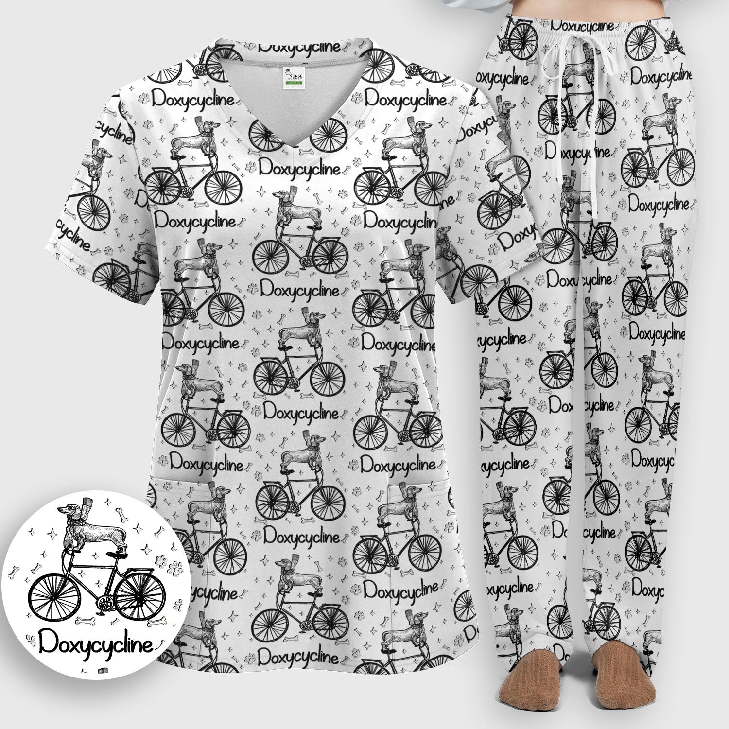 Funny Doxycycline Dog Bicycle Print Scrub Set, Scrub Pants and V Neck Top