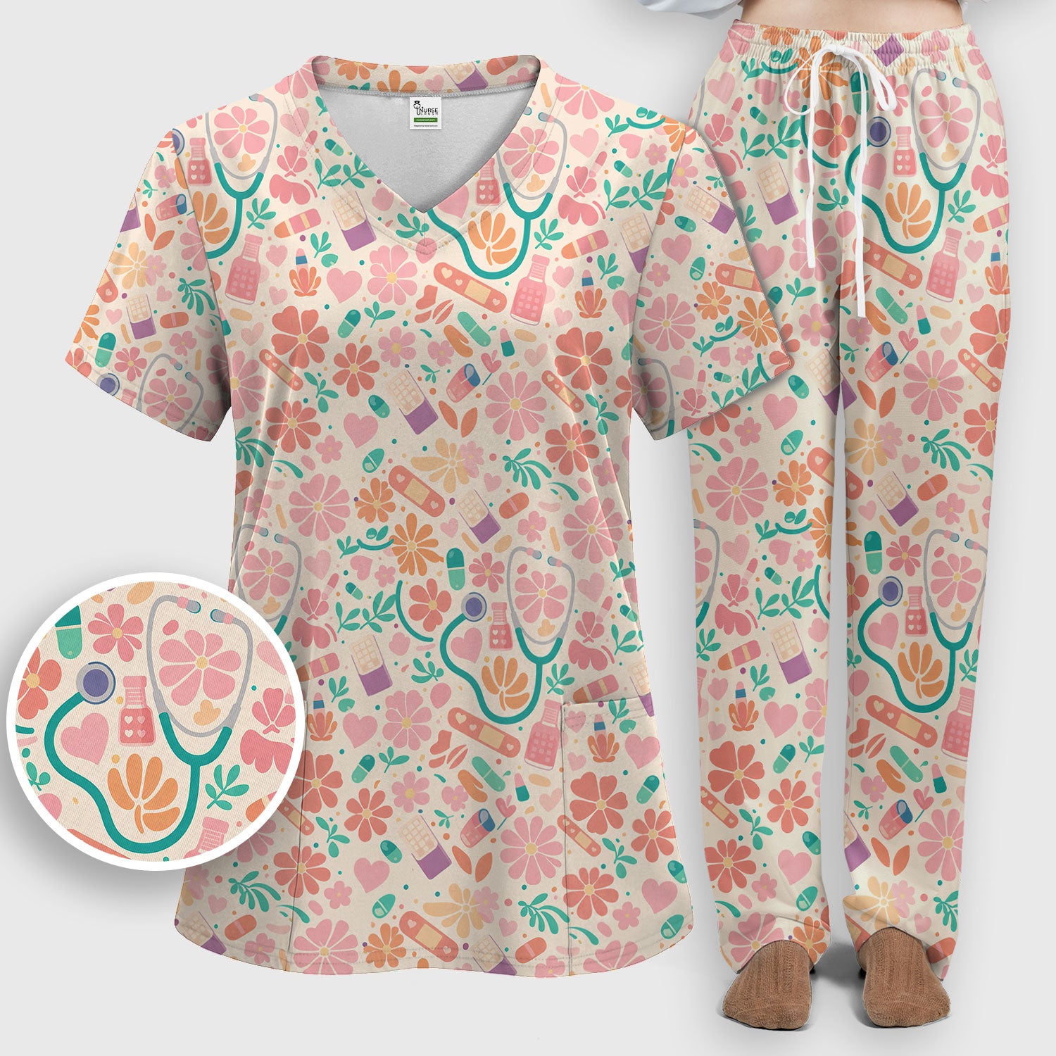 Cute Medical Floral Pattern Scrub Set, Scrub Pants and V Neck Top