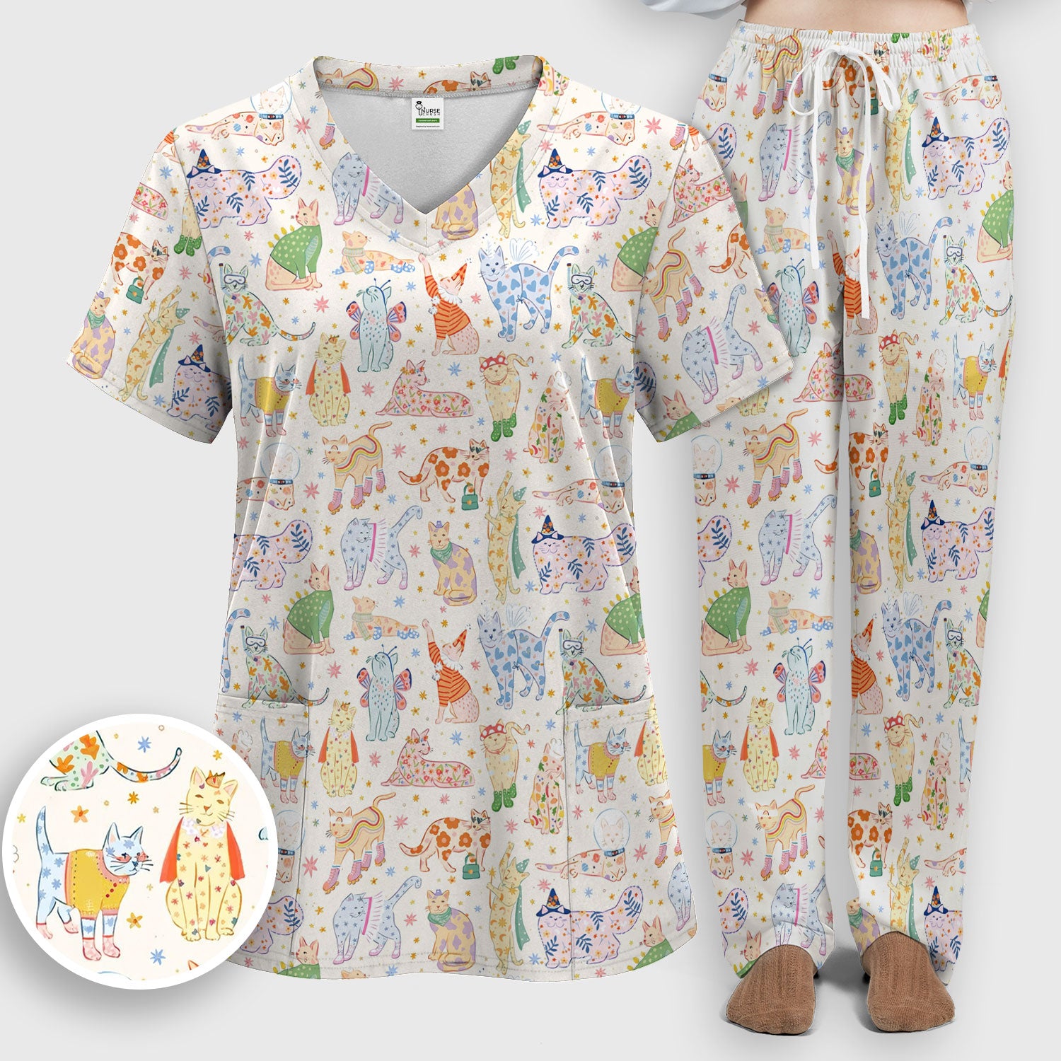 Colorful Pastel Cartoon Cats Print Scrub Set, Breathable Med Uniform