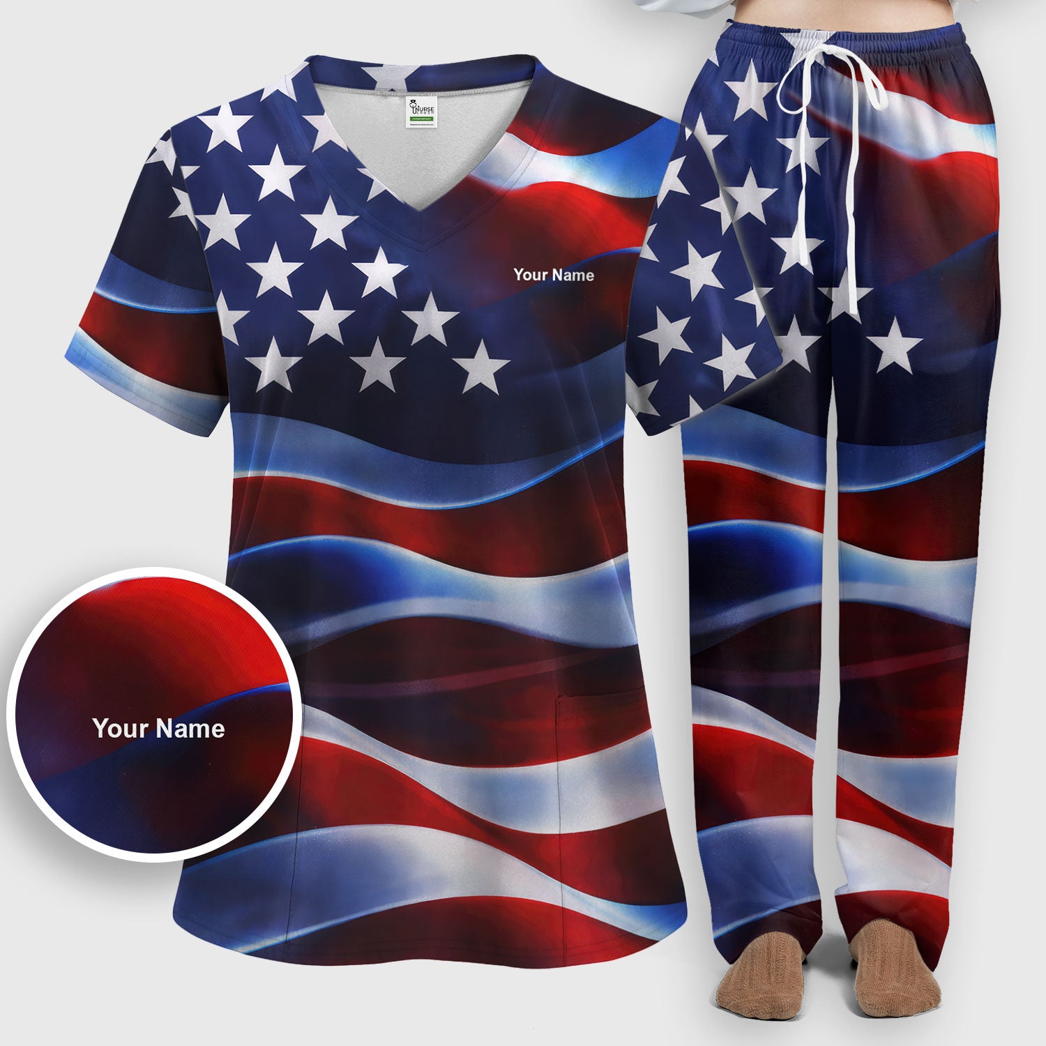 Personalized American Flag Stars Stripes Pattern Nurse Scrub Set, Scrub Pants and V Neck Top