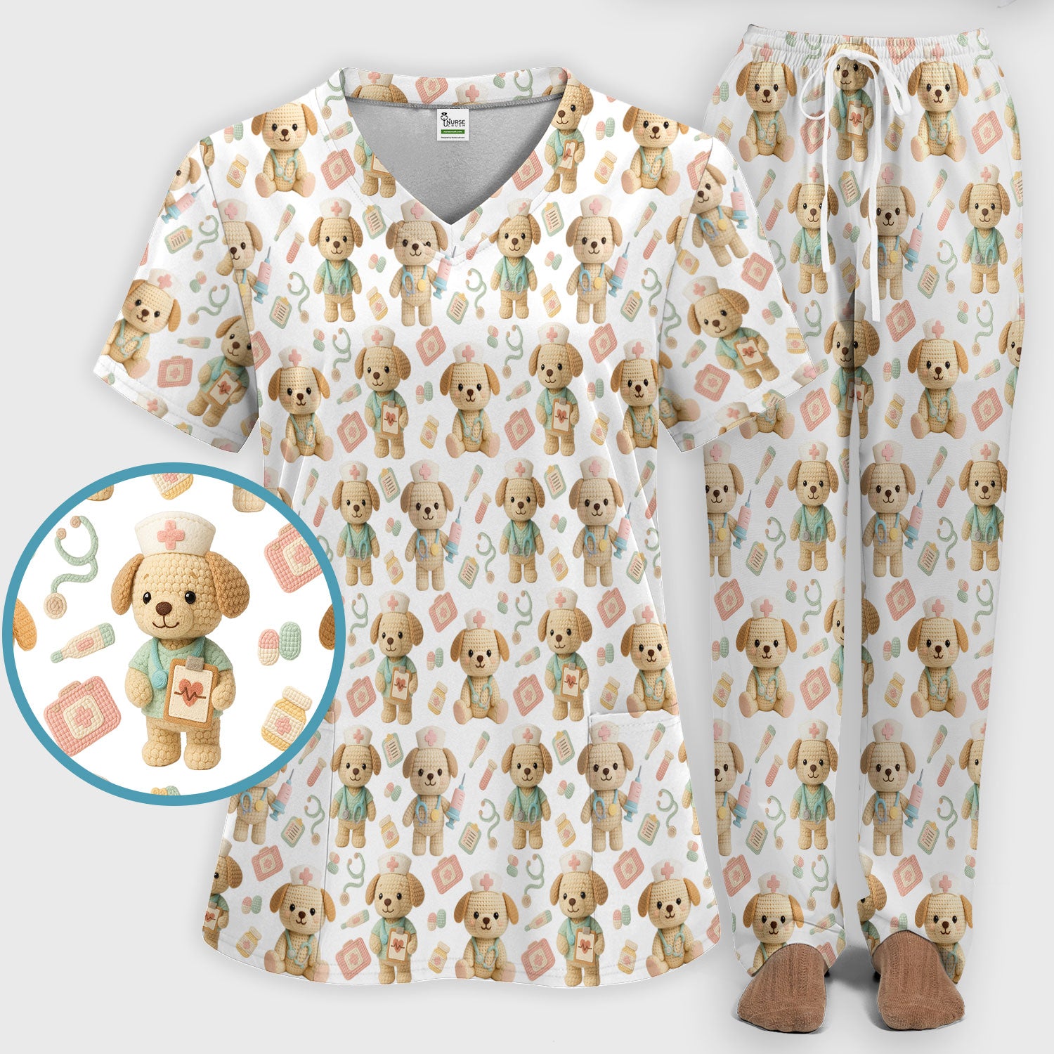 Cute Labrador Scrub Set for Nurse - Pastel Crochet Dog Scrubs Pants and V Neck Top - Adorable Puppy Med Uniform Gift for Women