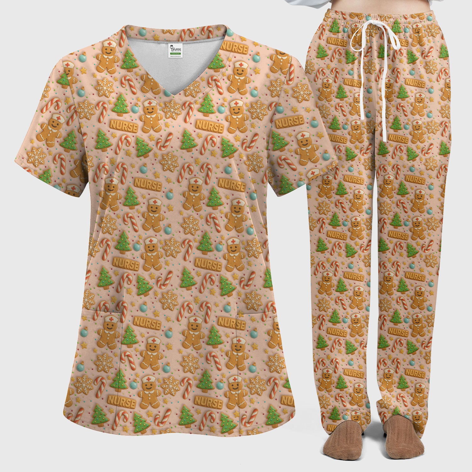 Cute Gingerbread Christmas Scrubs for Women - Holiday Cookie Pattern Scrub Top & Pants - Festive Christmas Scrubs with Charming Design