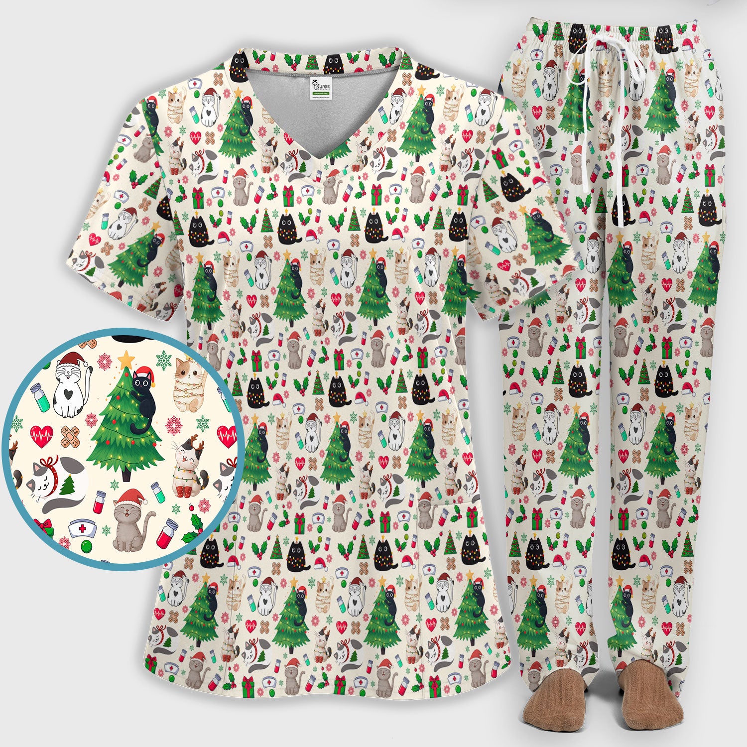 Christmas Cat Scrub Set, Xmas Pet Pattern Scrub Shirt, Breathable Fabrics Nursing Uniform