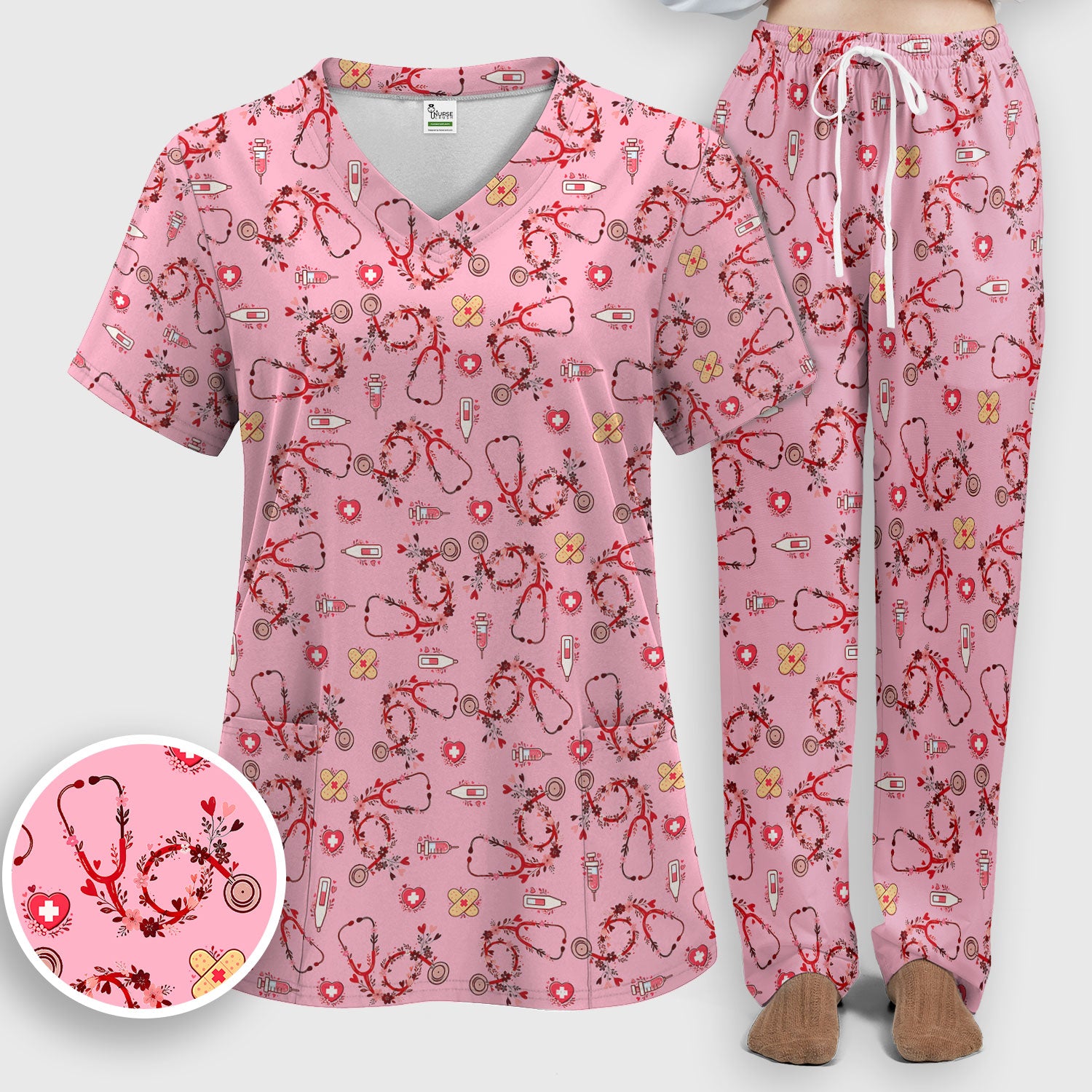 Heart Stethoscope Medical Pattern Scrub Set, Breathable Med Uniform