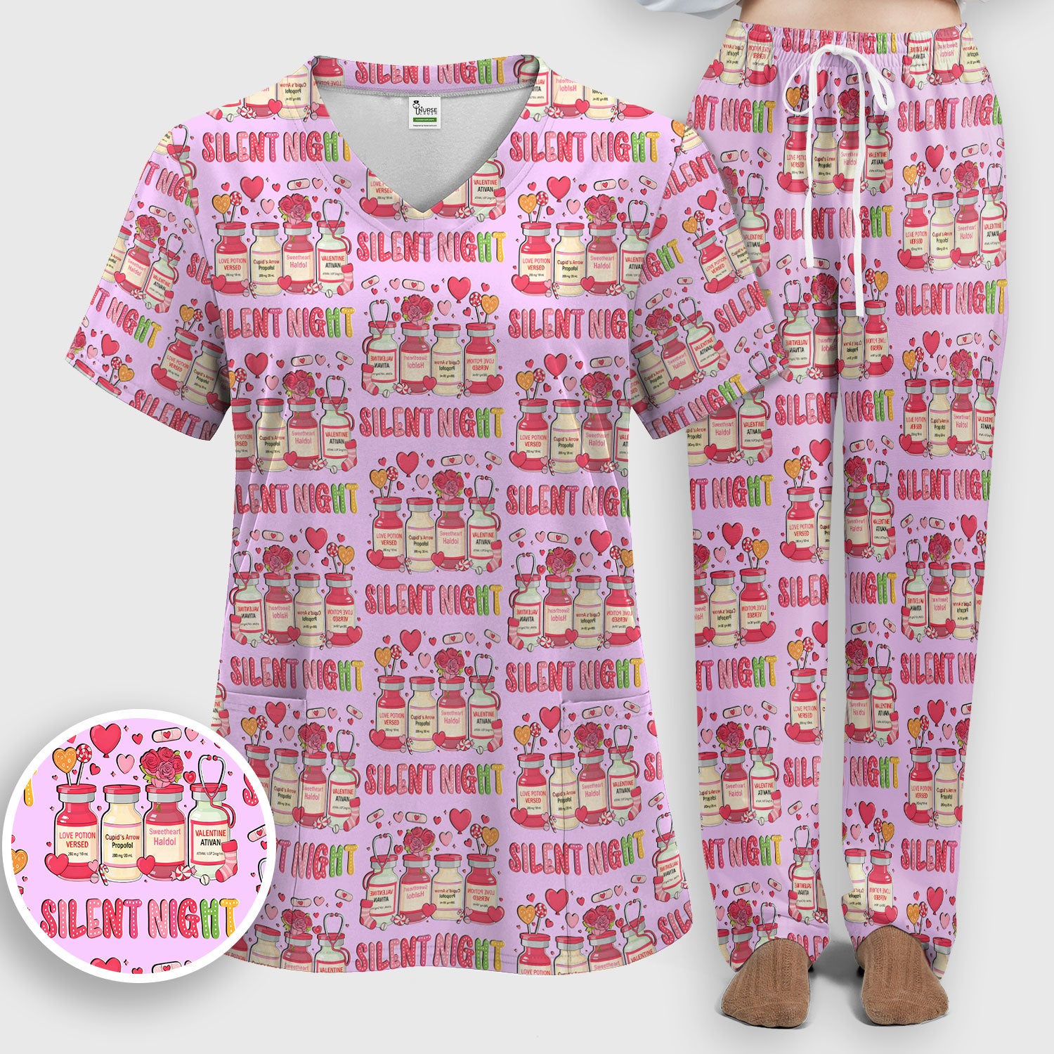 Valentine Silent Night Love Design Scrubs Set, Breathable Med Uniform