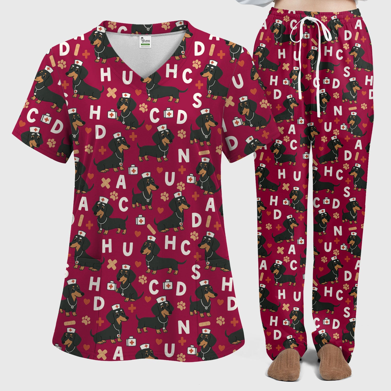Dachshund Nurse Scrub Set for Women - Cute Sausage Dog Pattern Scrubs Top and Pants - Funny Animal Print Gift for RN LPN CNA