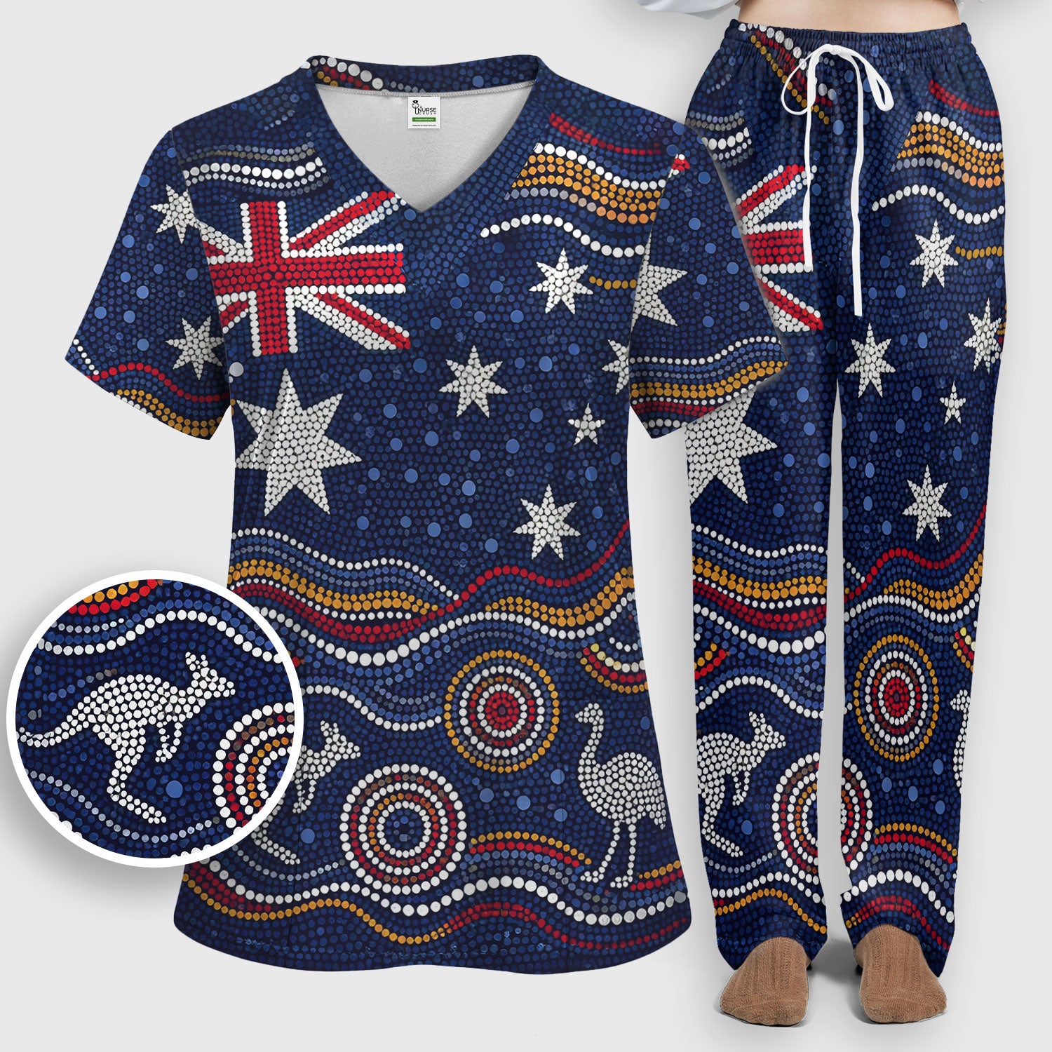 Australian Aboriginal Art Pattern Nurse Scrub Set, Kangaroo Dot Nurses Shirt For Women, Breathable Fabrics Nursing Uniform