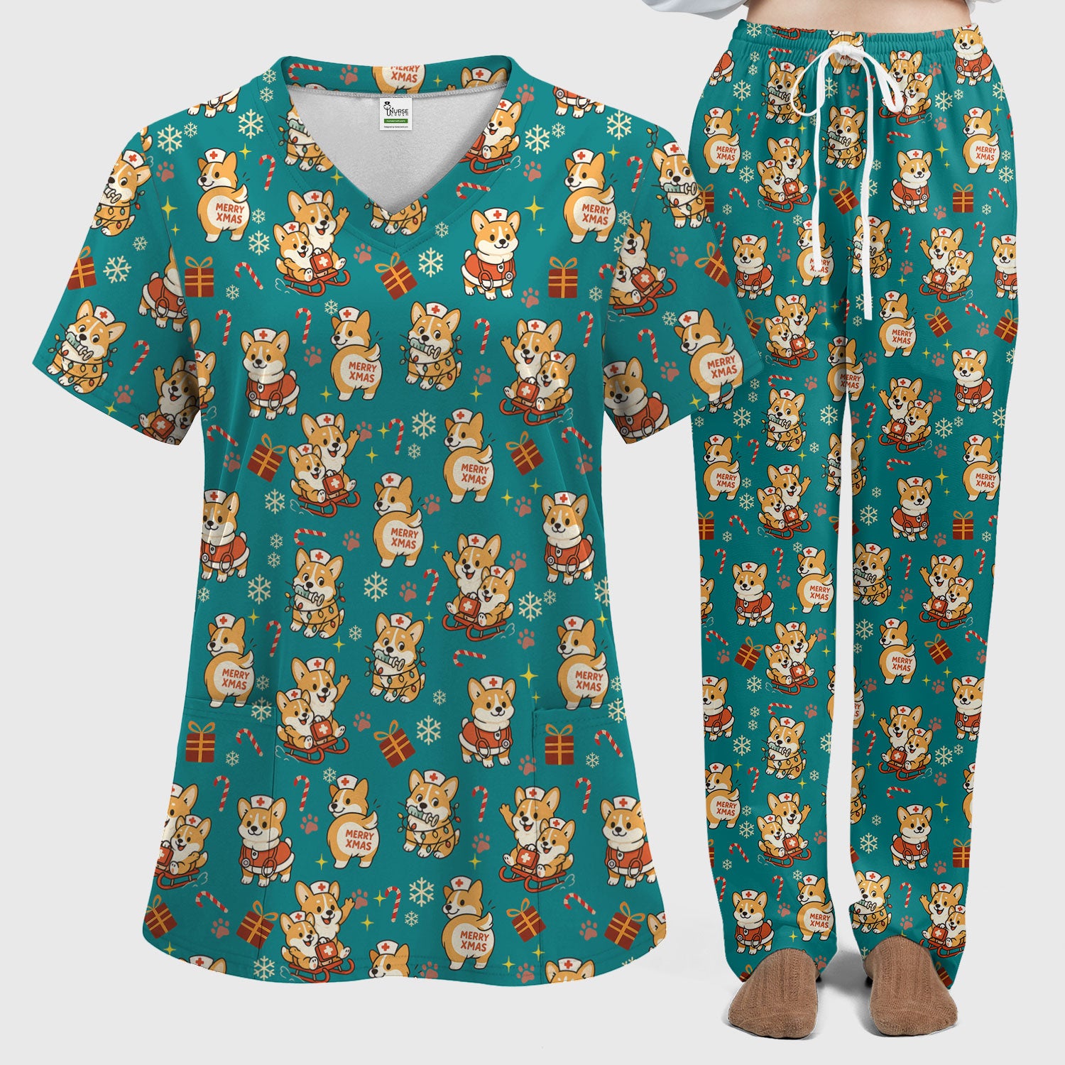 Christmas Corgi Scrubs Set for Women - Fun Corgi Christmas Pattern Nurse Scrubs Top and Pants - Festive Holiday Scrubs for CNA LPN RN