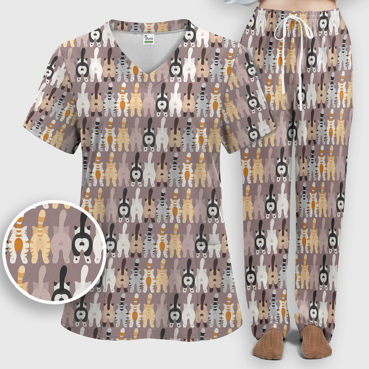 Cute Cat Butt Pattern Scrub Set, Funny Cat Nursing Shirt, Comfortable Scrubs For Nurses