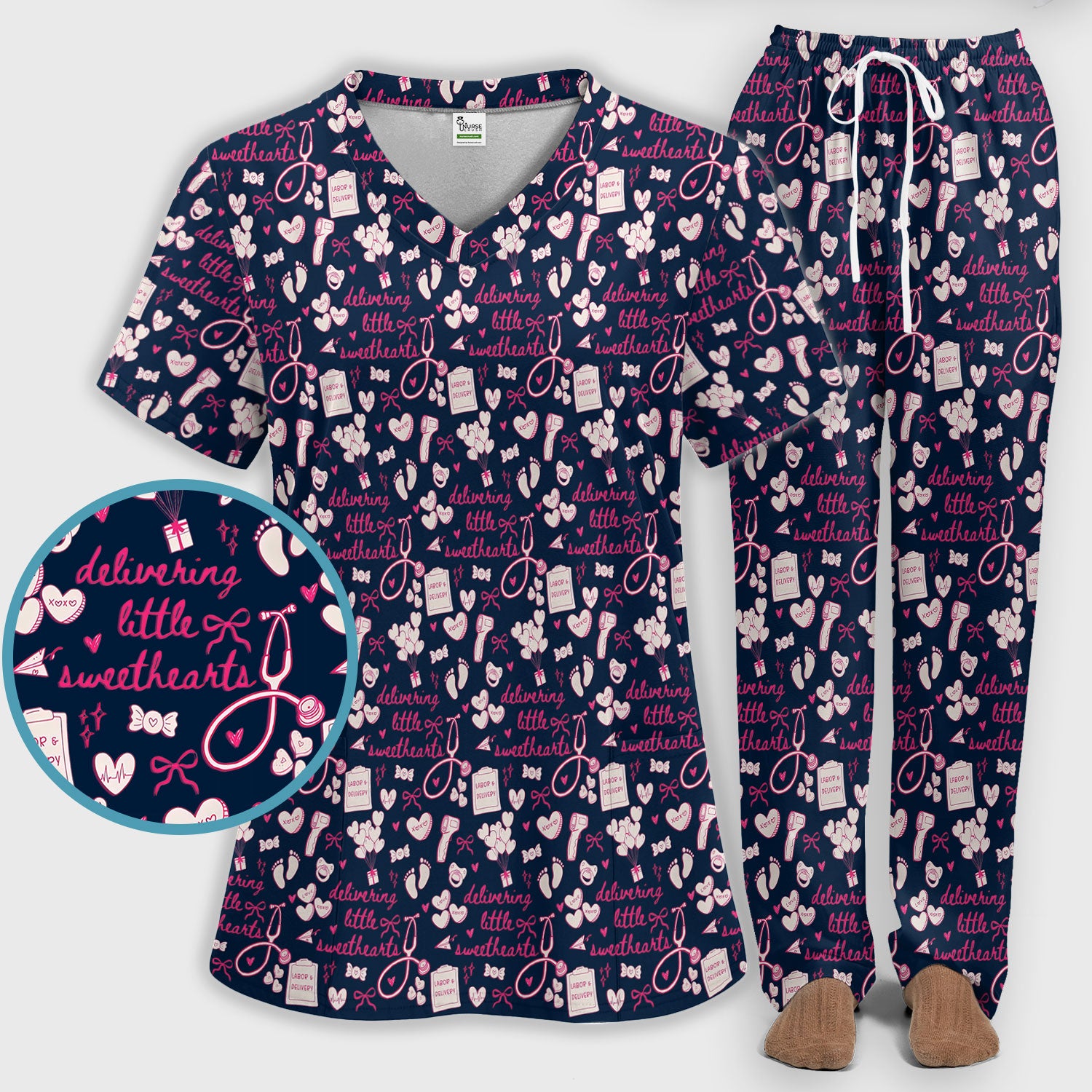 Valentine Labor And Delivery Scrub Set, XOXO Pattern Scrub Shirt, Breathable Fabrics Nursing Uniform For Women