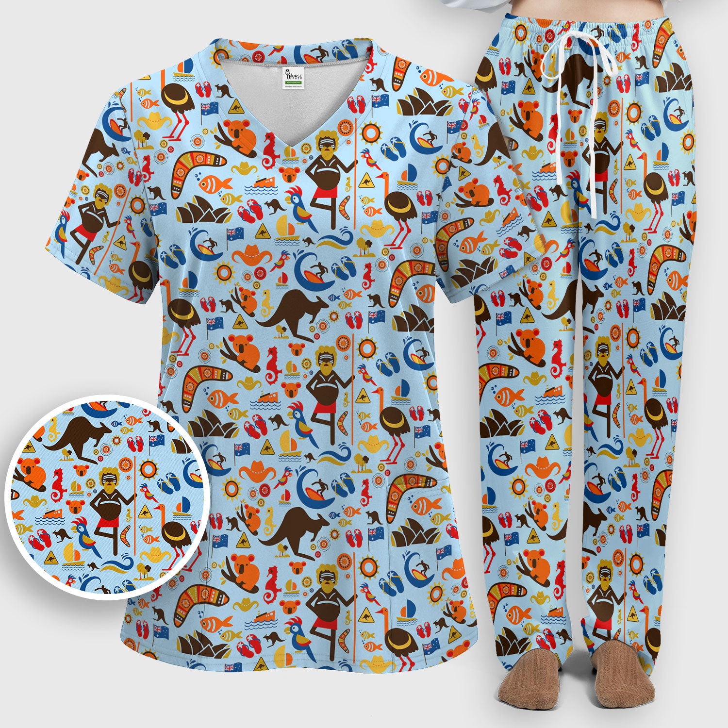 Indigenous Inspired Icon Scrub Set, Australia Culture Pattern Nurse Shirt, Comfortable Scrubs For Nursing