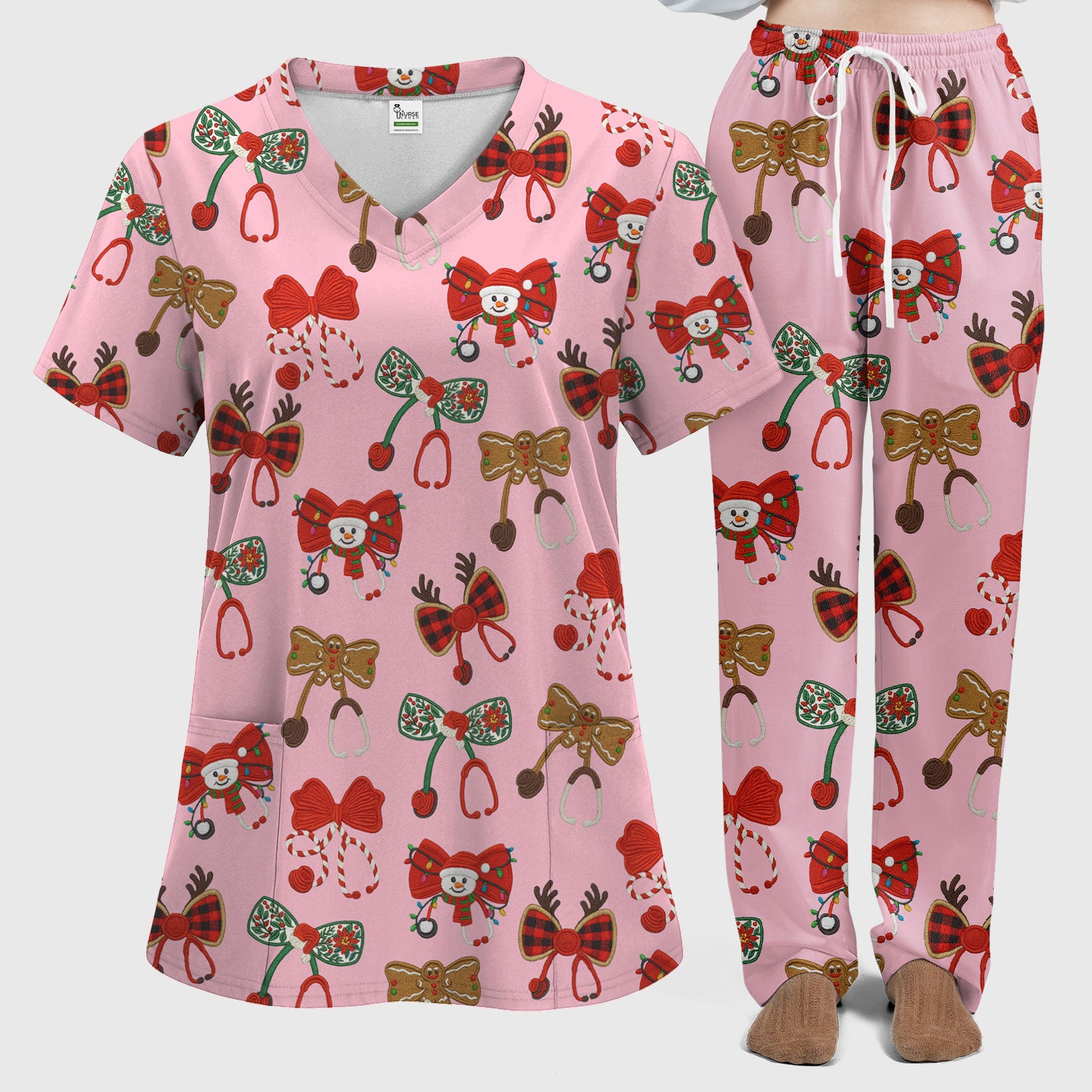 Christmas Stethoscope Bow Nurse Scrub Set, Xmas Pattern Scrub Shirt, Holiday Nursing Uniform