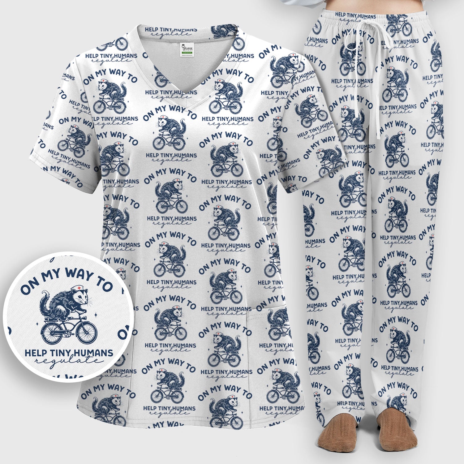 Featuring Biking Opossum With Funny Quote Print Set, Women's Scrub Sets