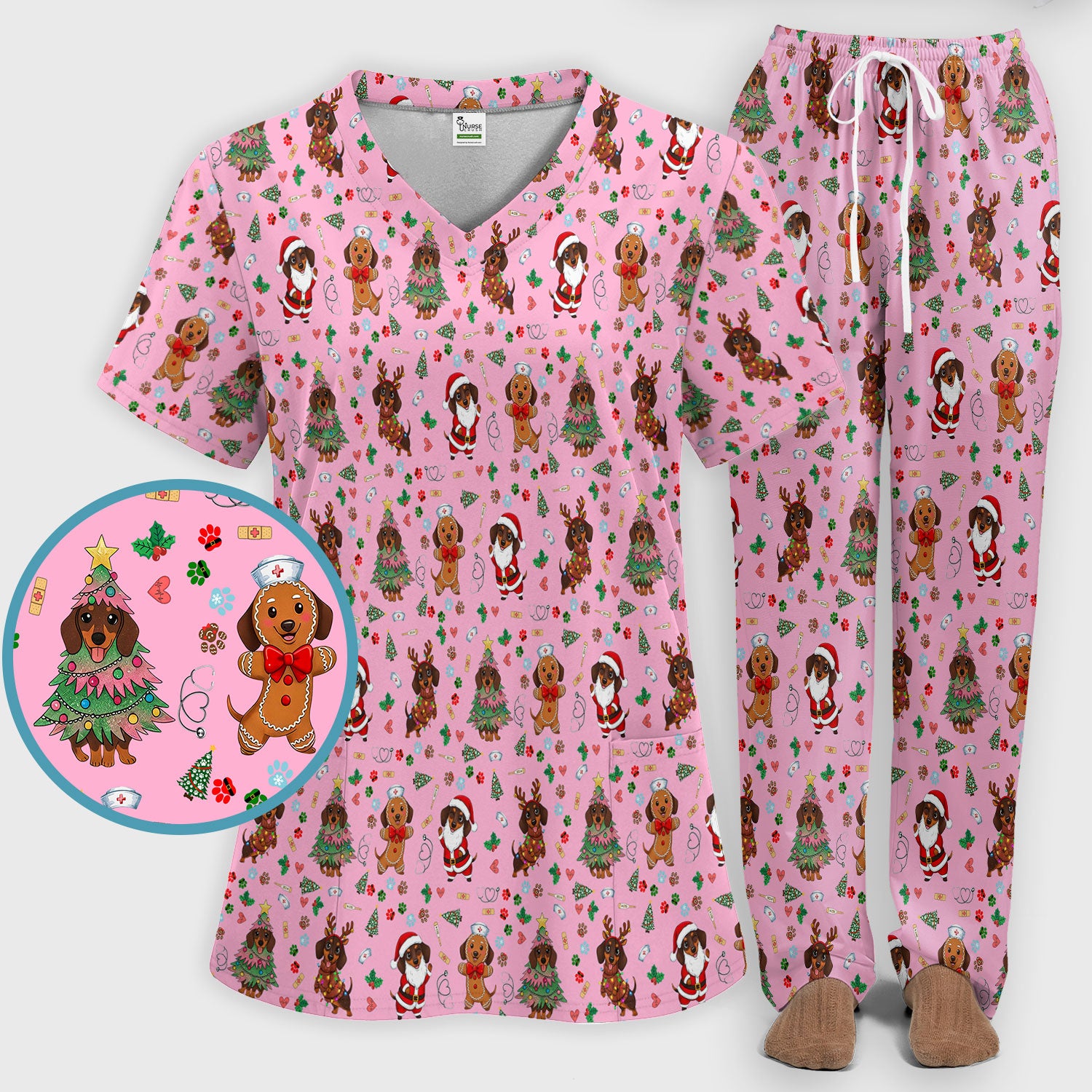 Wiener Dog Christmas Scrub Set – Funny Dachshund Pattern Medical Shirt – Festive Holiday Uniform for RN, LPN, CNA, and Vet Techs