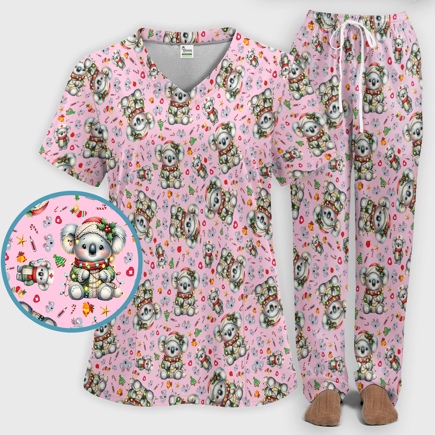 Aussie Koala Nurse Scrub Set - Cute Christmas Medical Uniform - Funny Holiday Animal Scrubs Pants and V Neck Top for Women