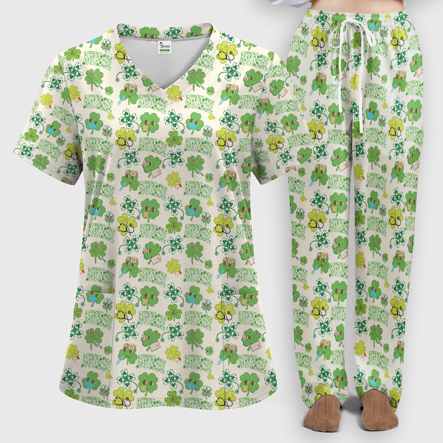 Lucky Shamrock Nurse Scrub Set, St. Patrick’s Day Nursing Shirt, Breathable Fabrics Nursing Uniform