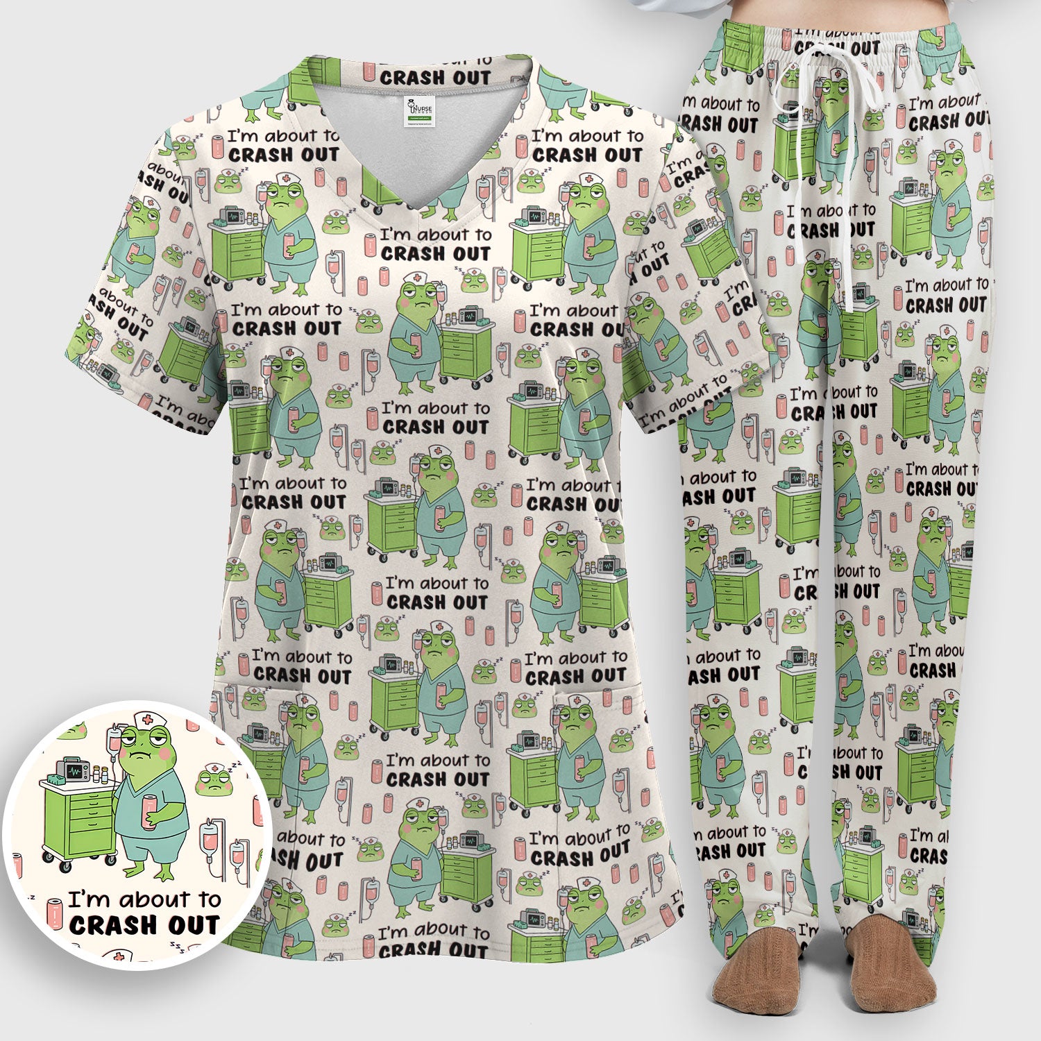 Funny Frog Pattern Nurse Scrub Set, I’m About to Crash Out Nurse Shirt, Breathable Fabrics Nursing Uniform