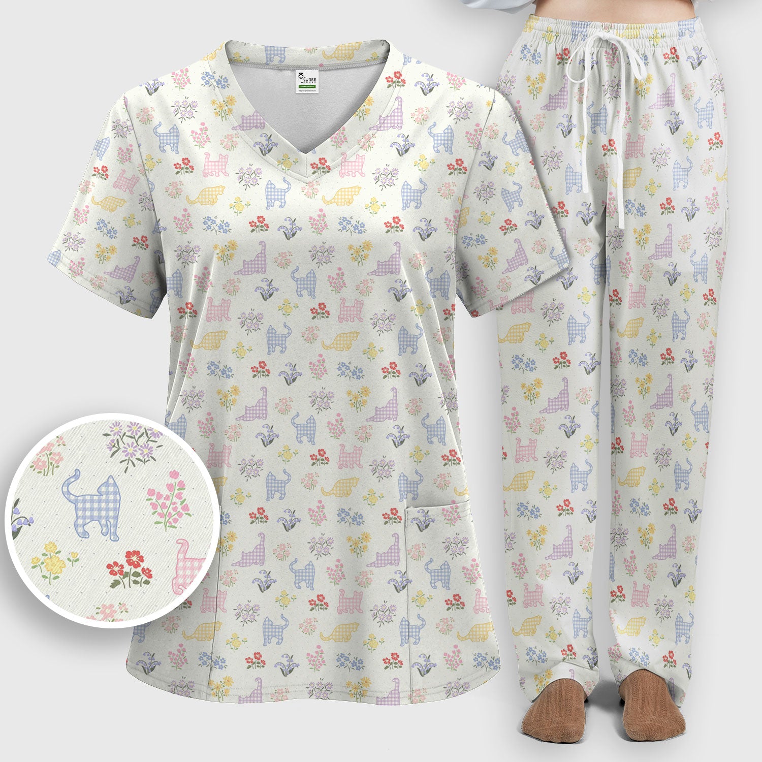 Pastel Cat Floral Nurse Scrub Set, Cute Cat Medical Pattern Shirt, Breathable Fabrics Nursing Uniform