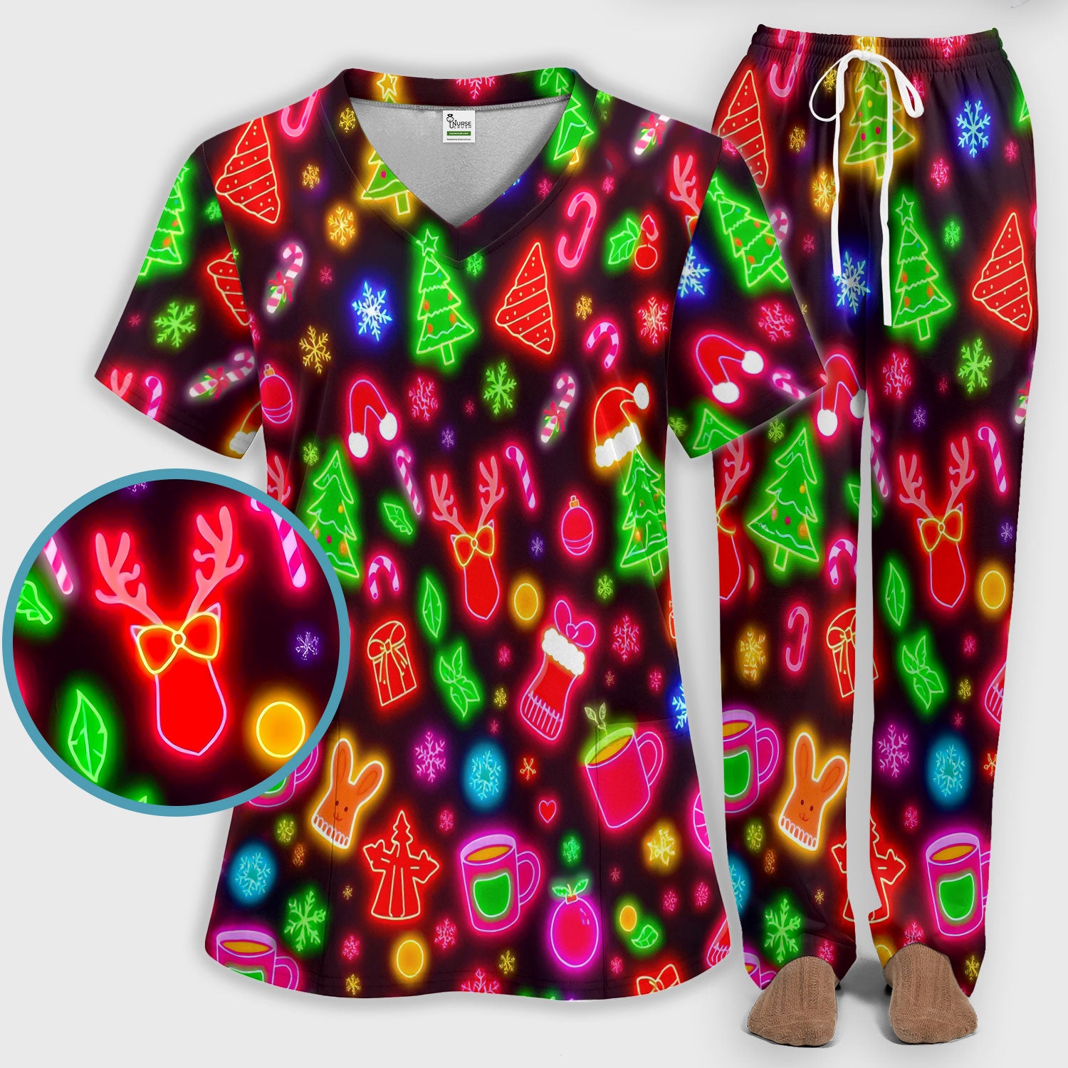 Reindeer Neon Xmas Scrub Set, Christmas Pattern Scrub Shirt,  Breathable Fabrics Nursing Uniform