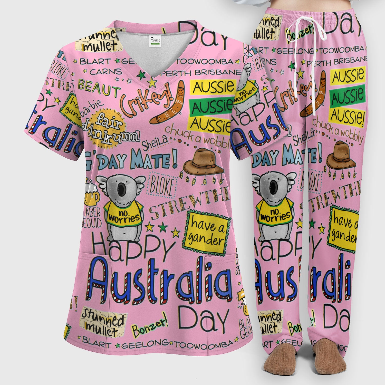 Cute Cartoon Koala Australia Pattern Medical Scrub Set, Breathable Med Uniform