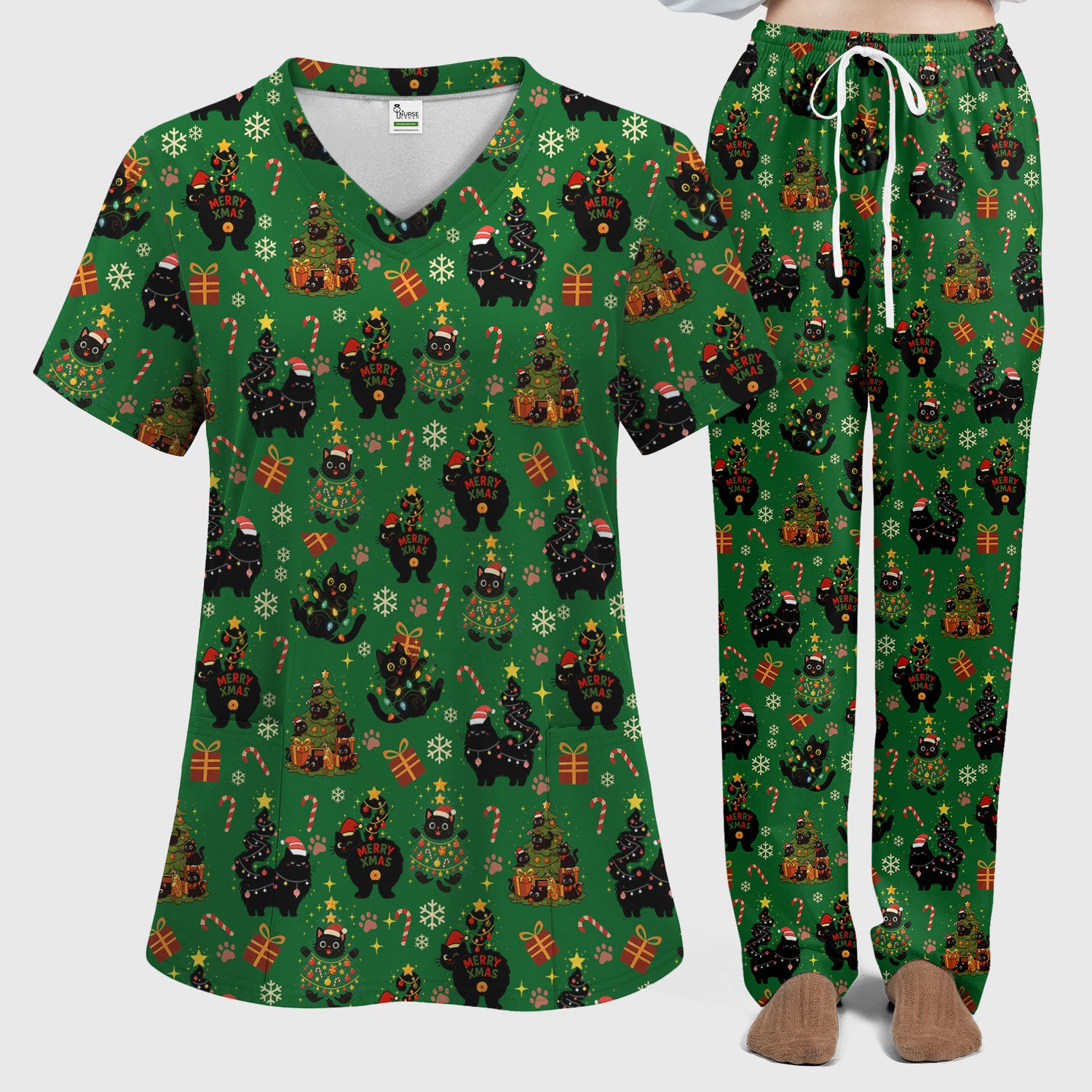 Christmas Cat Scrub Set for Women - Black Cat and Tree Pattern Holiday Nurse Scrubs - Cute Gift for RN LPN CNA