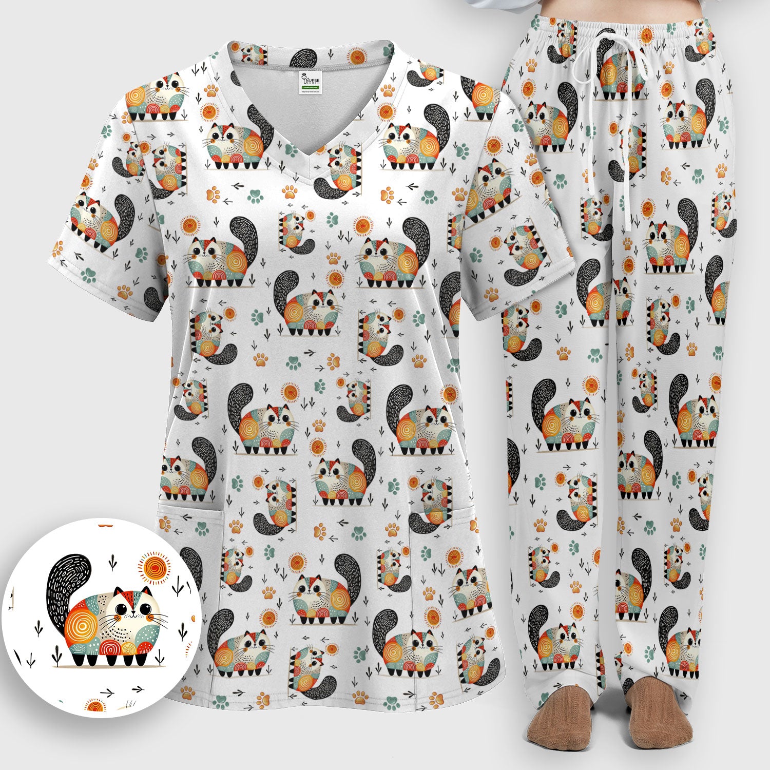 Playful Cat Illustration Women's Scrub Set, Breathable Med Uniform